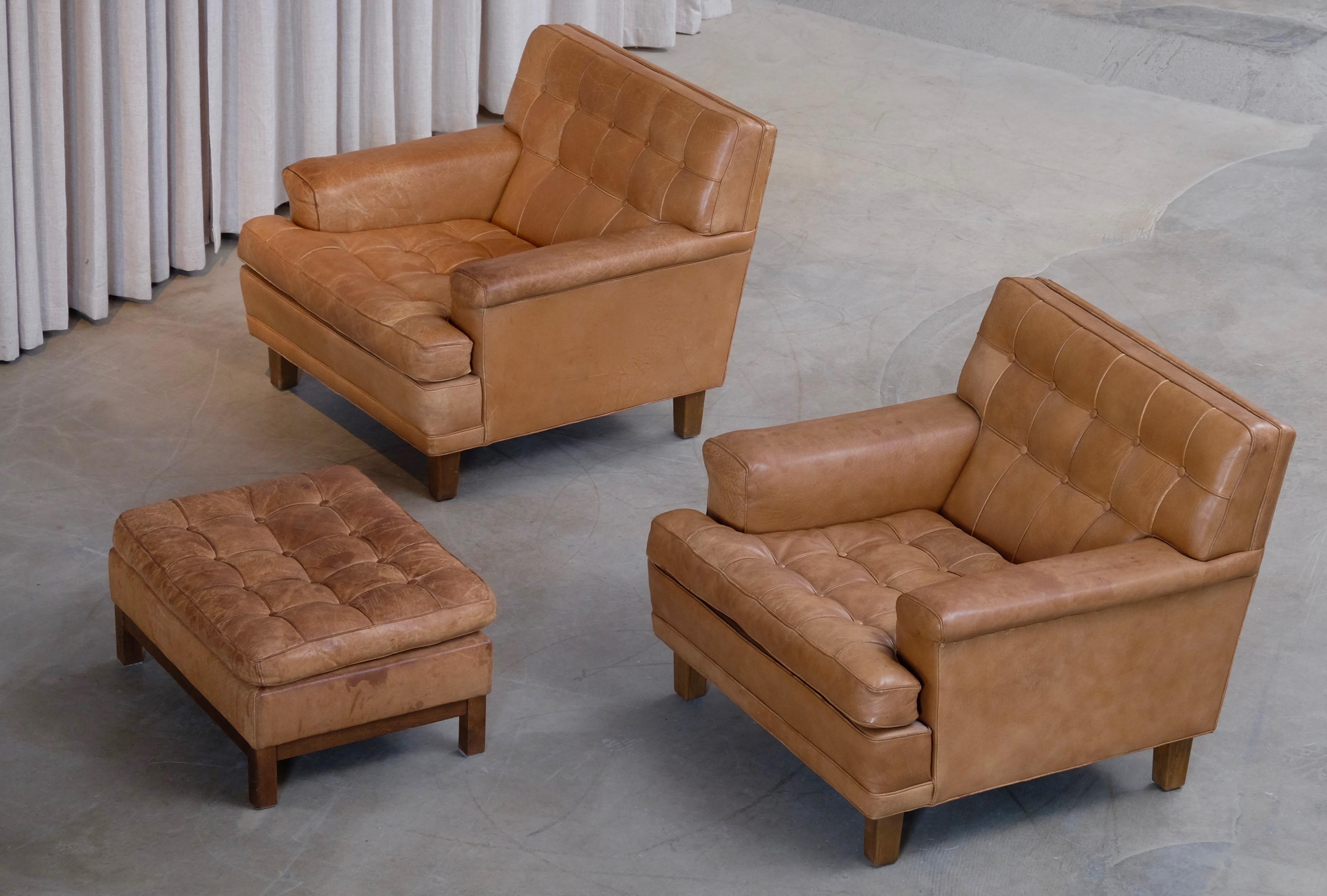 Arne Norell Buffalo Leather Easy Chairs with Ottoman, 1960s 12