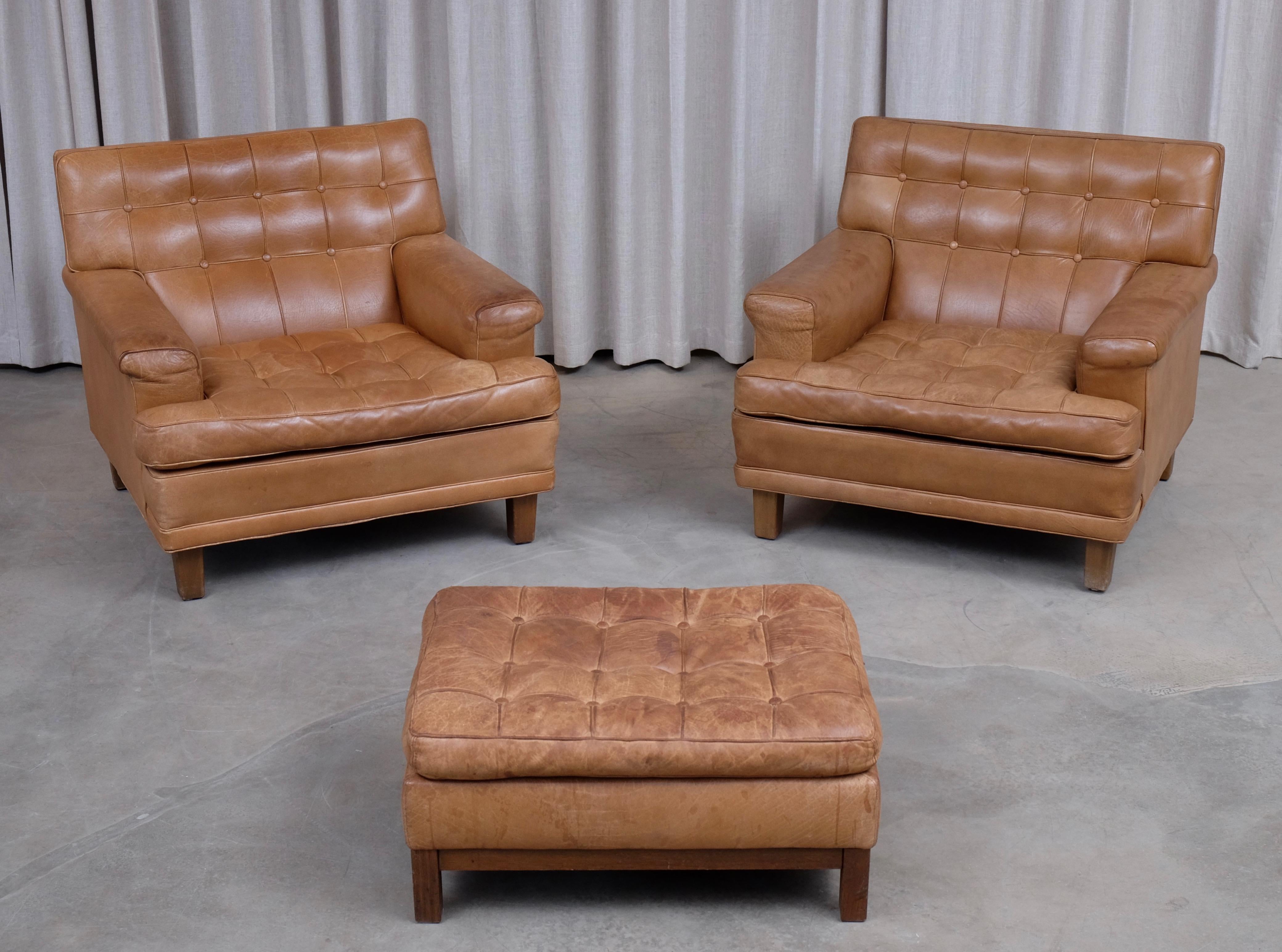 Scandinavian Modern Arne Norell Buffalo Leather Easy Chairs with Ottoman, 1960s