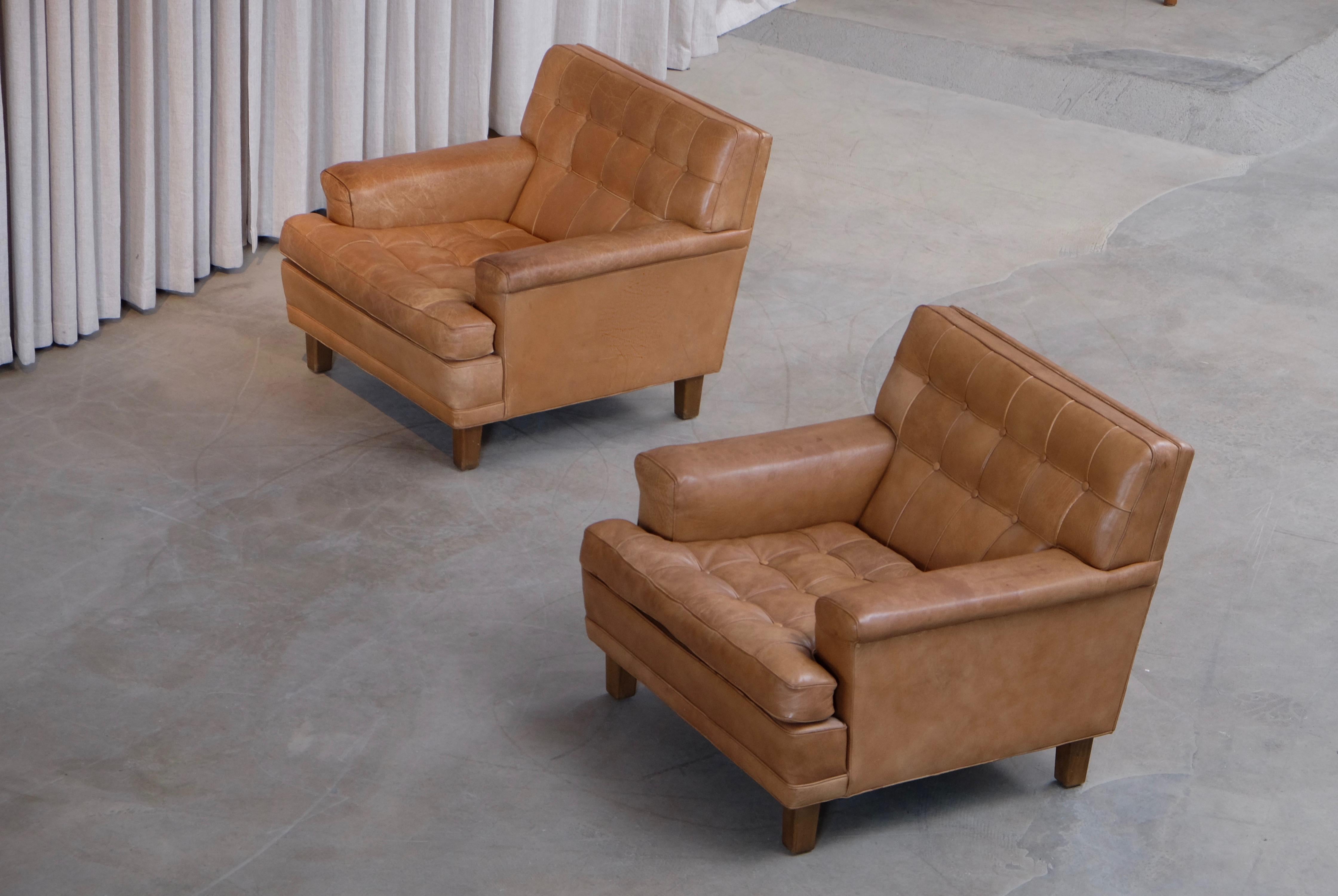 Swedish Arne Norell Buffalo Leather Easy Chairs with Ottoman, 1960s