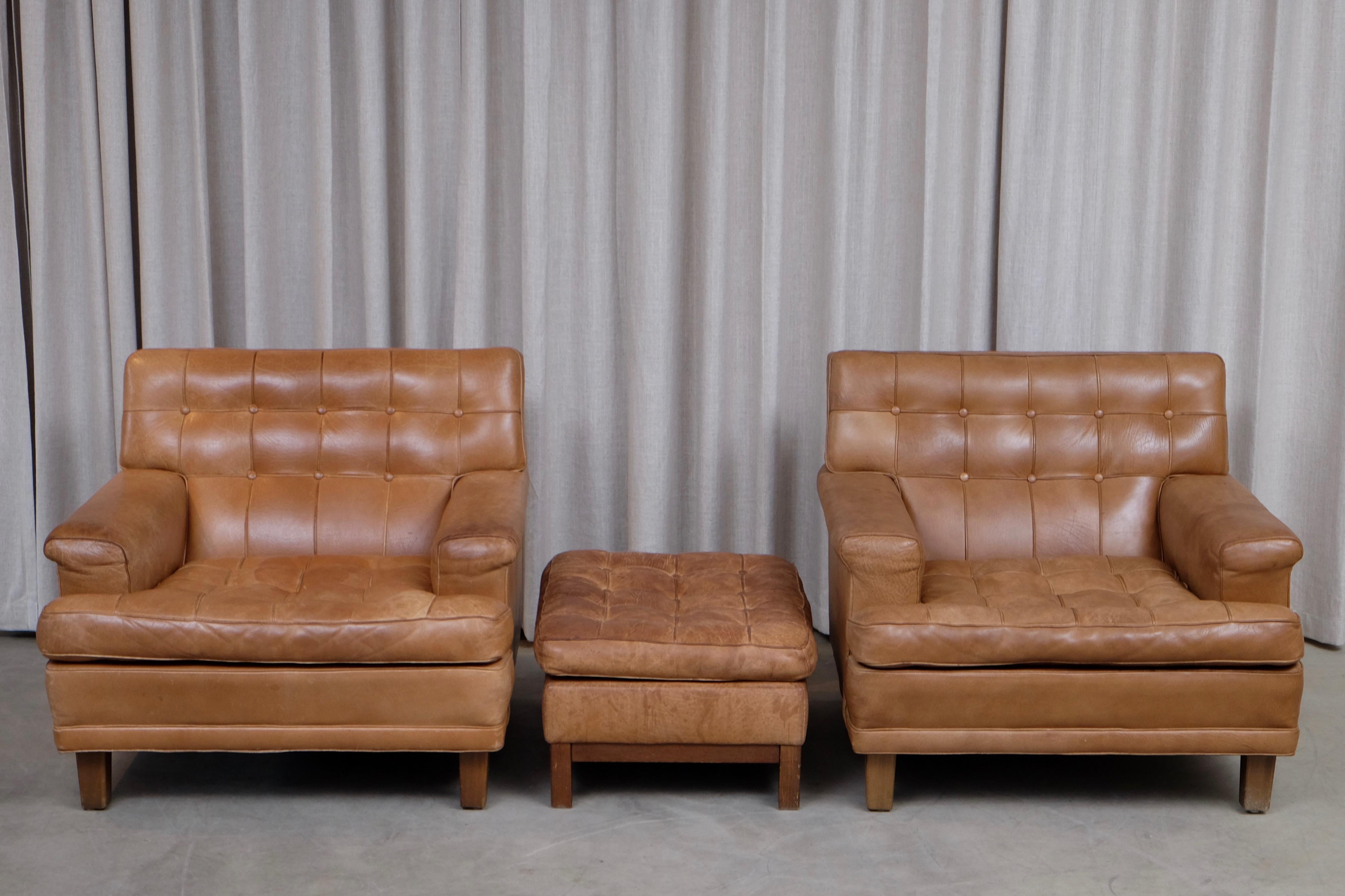 Arne Norell Buffalo Leather Easy Chairs with Ottoman, 1960s 1
