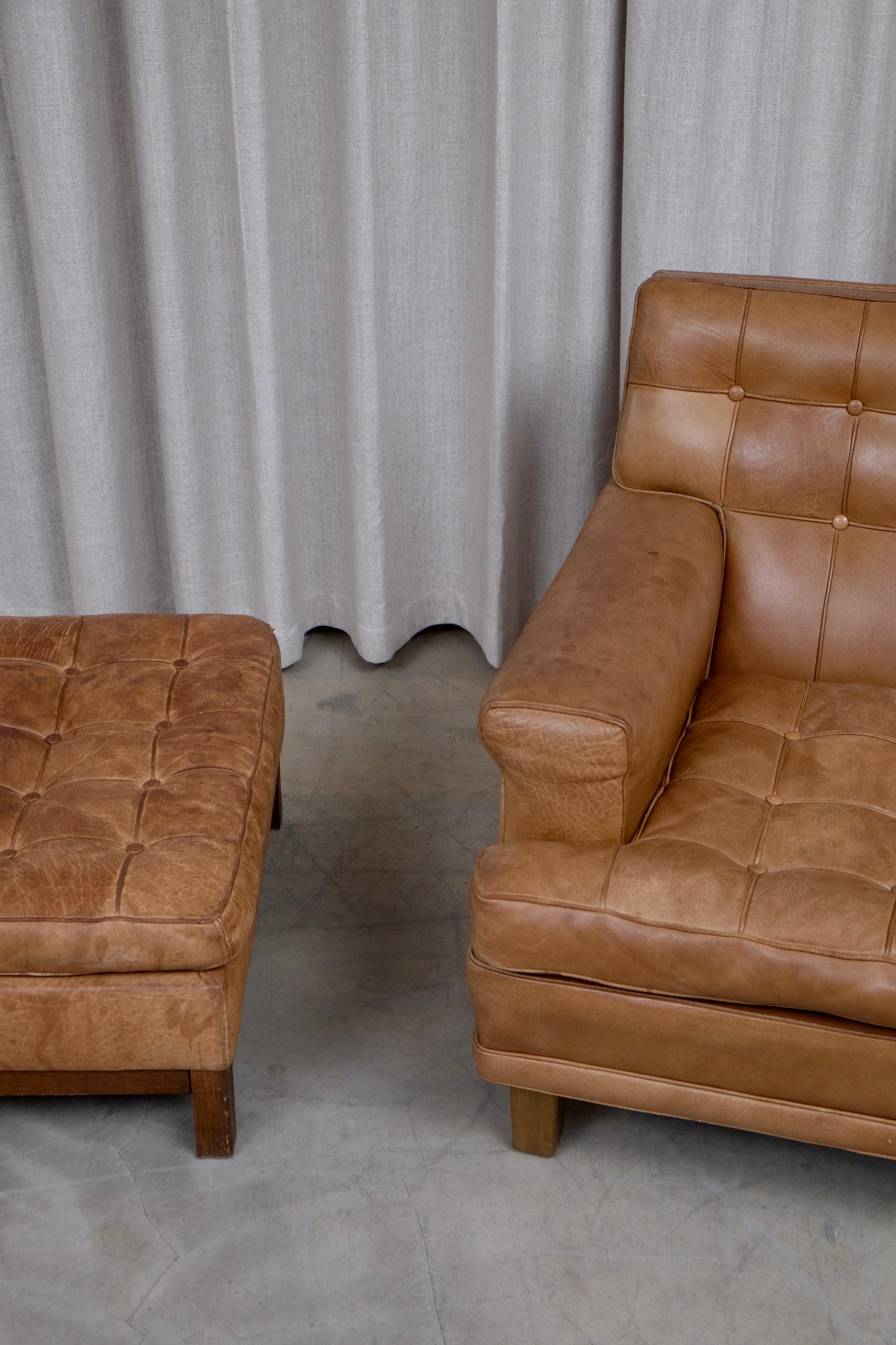 Arne Norell Buffalo Leather Easy Chairs with Ottoman, 1960s 2