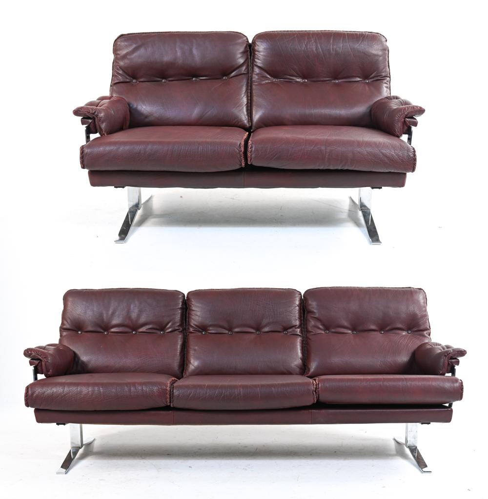 Mid-Century Modern Arne Norell Chrome & Buffalo Leather Sofa Suite, c. 1960's