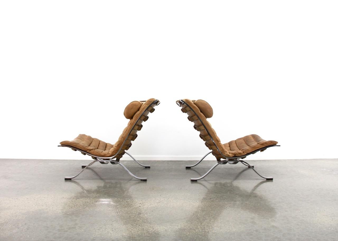 Scandinavian Modern Arne Norell Cognac Tan Leather Ari Chairs with One Ottoman