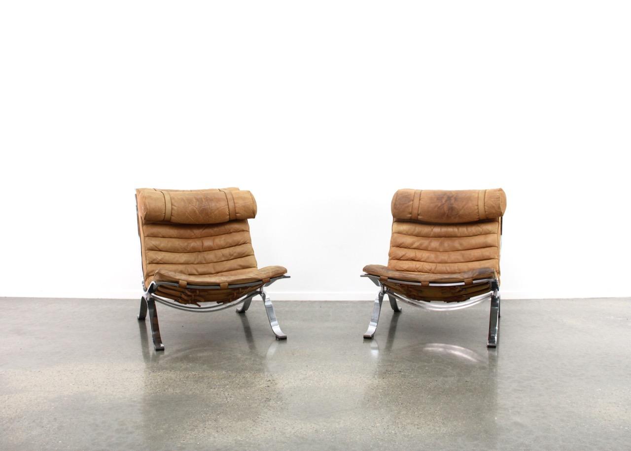 20th Century Arne Norell Cognac Tan Leather Ari Chairs with One Ottoman