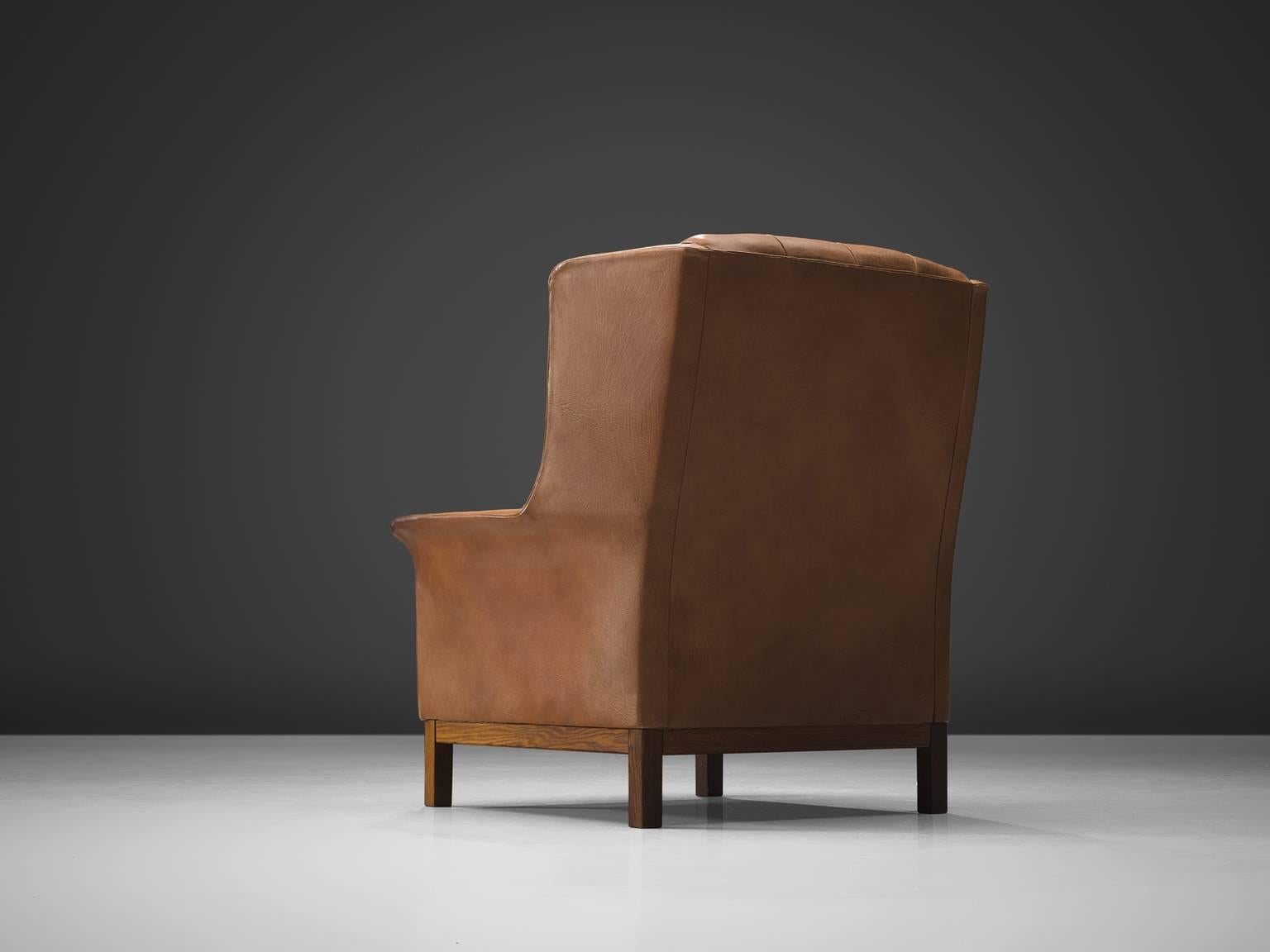 Scandinavian Modern Arne Norell High Back Chair in Patinated Cognac Buffalo Leather