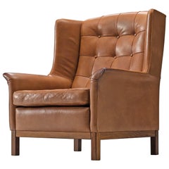 Arne Norell High Back Chair in Patinated Cognac Buffalo Leather