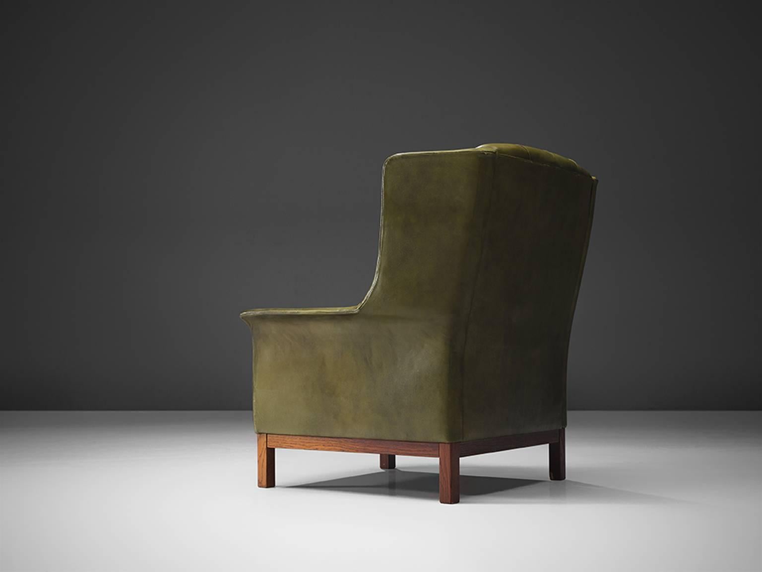 Scandinavian Modern Arne Norell High Back Chair in Patinated Green Buffalo Leather