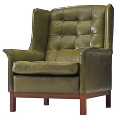 Arne Norell High Back Chair in Patinated Green Buffalo Leather