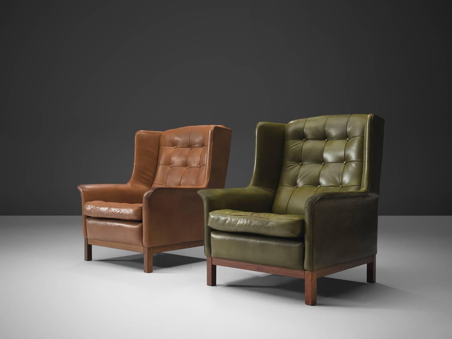 Scandinavian Modern Arne Norell High Back Chairs in Patinated Green and Cognac Leather
