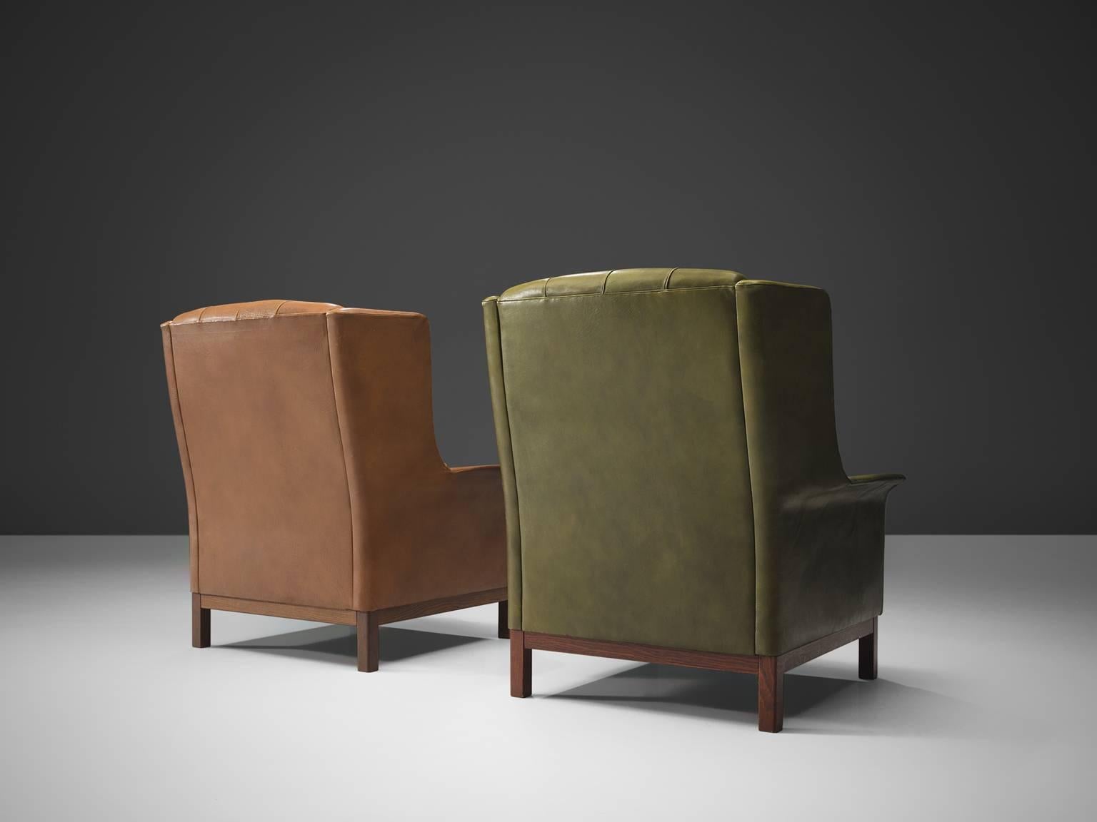 Danish Arne Norell High Back Chairs in Patinated Green and Cognac Leather