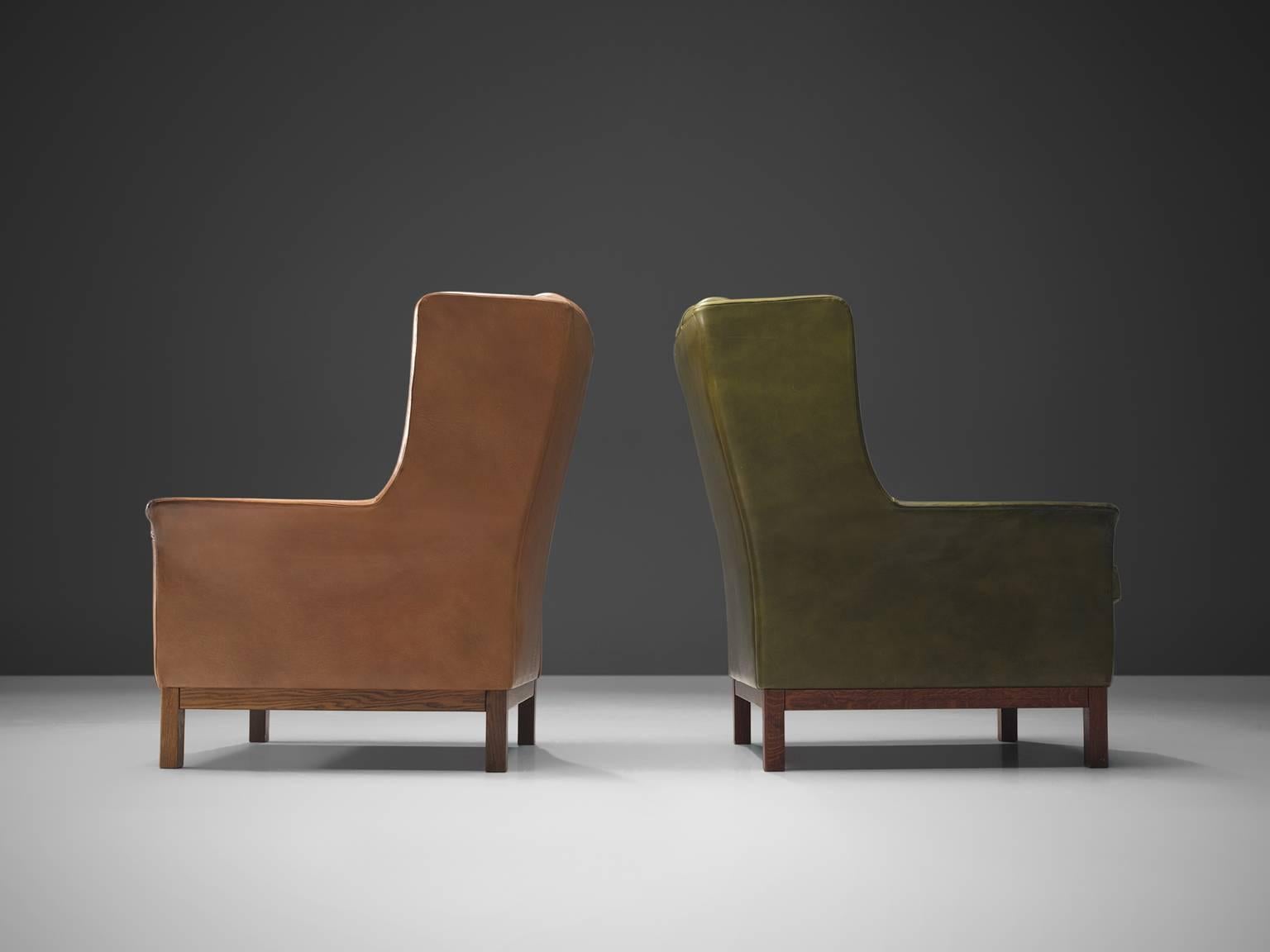 Arne Norell High Back Chairs in Patinated Green and Cognac Leather In Good Condition In Waalwijk, NL