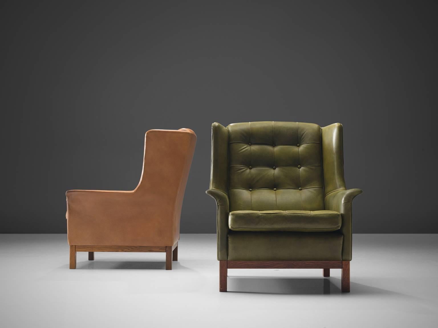 Mid-20th Century Arne Norell High Back Chairs in Patinated Green and Cognac Leather
