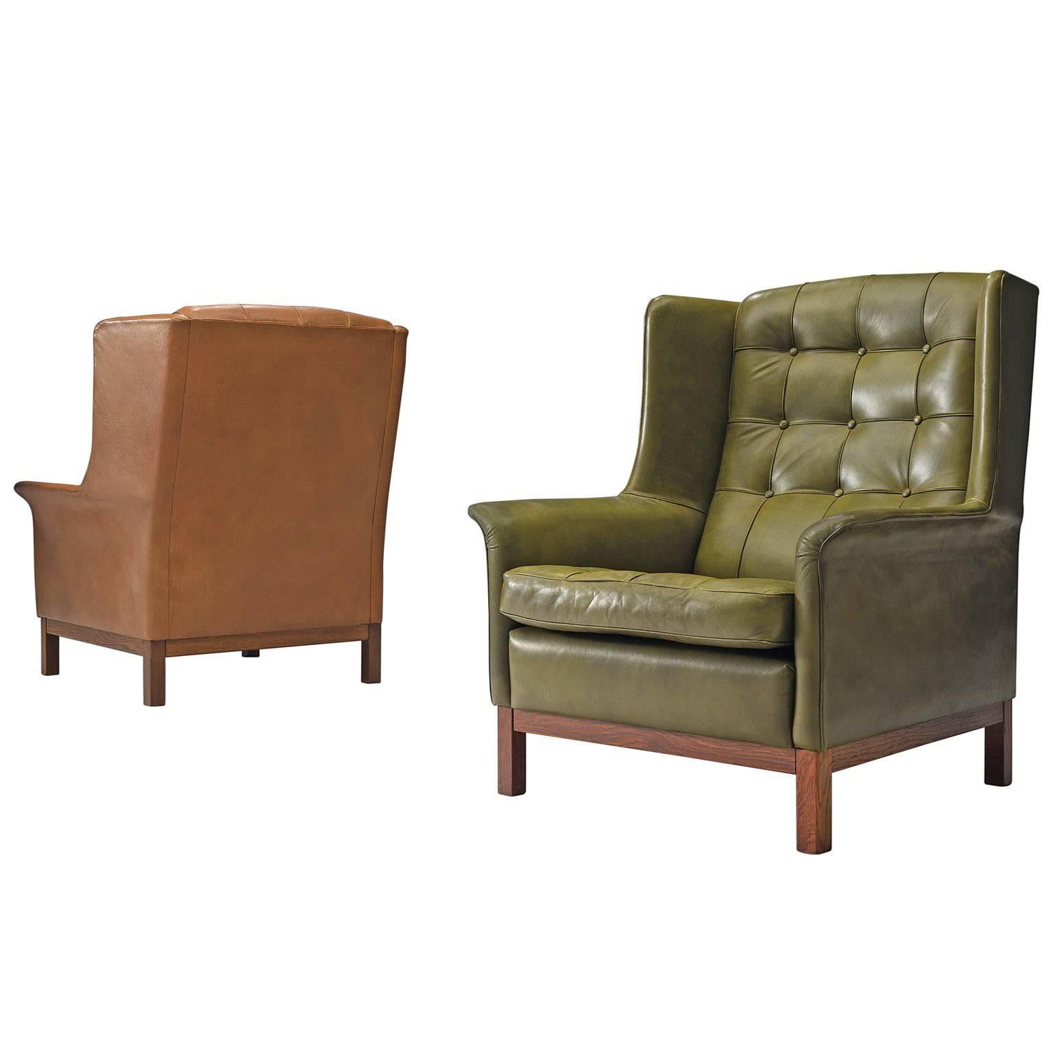 Arne Norell High Back Chairs in Patinated Green and Cognac Leather