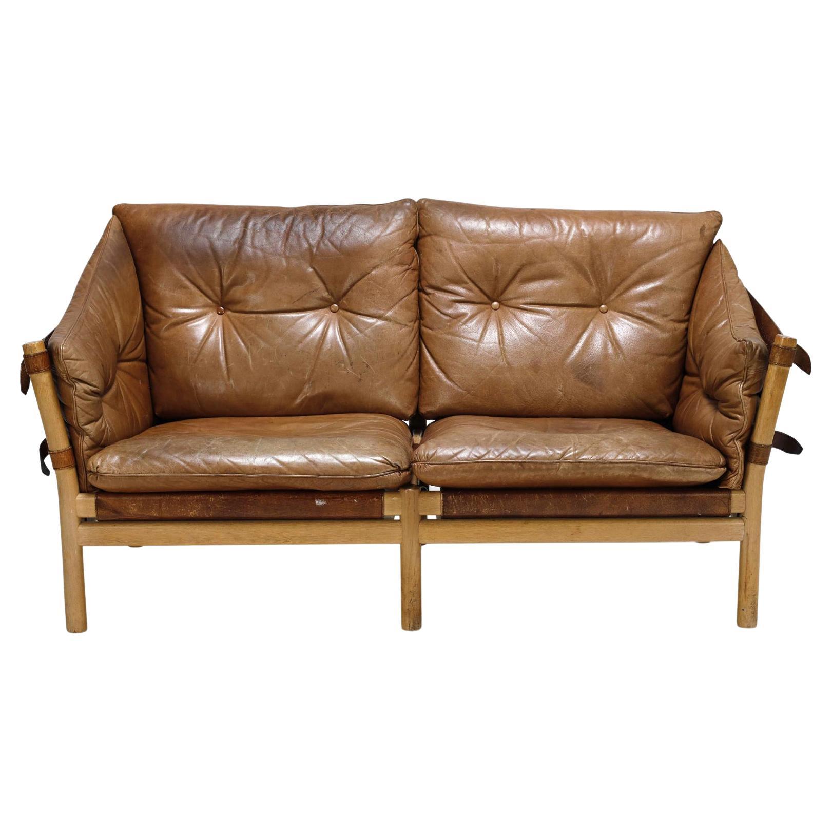 Arne Norell "Ilona" Loveseat in Oak + Patinated Leather For Sale