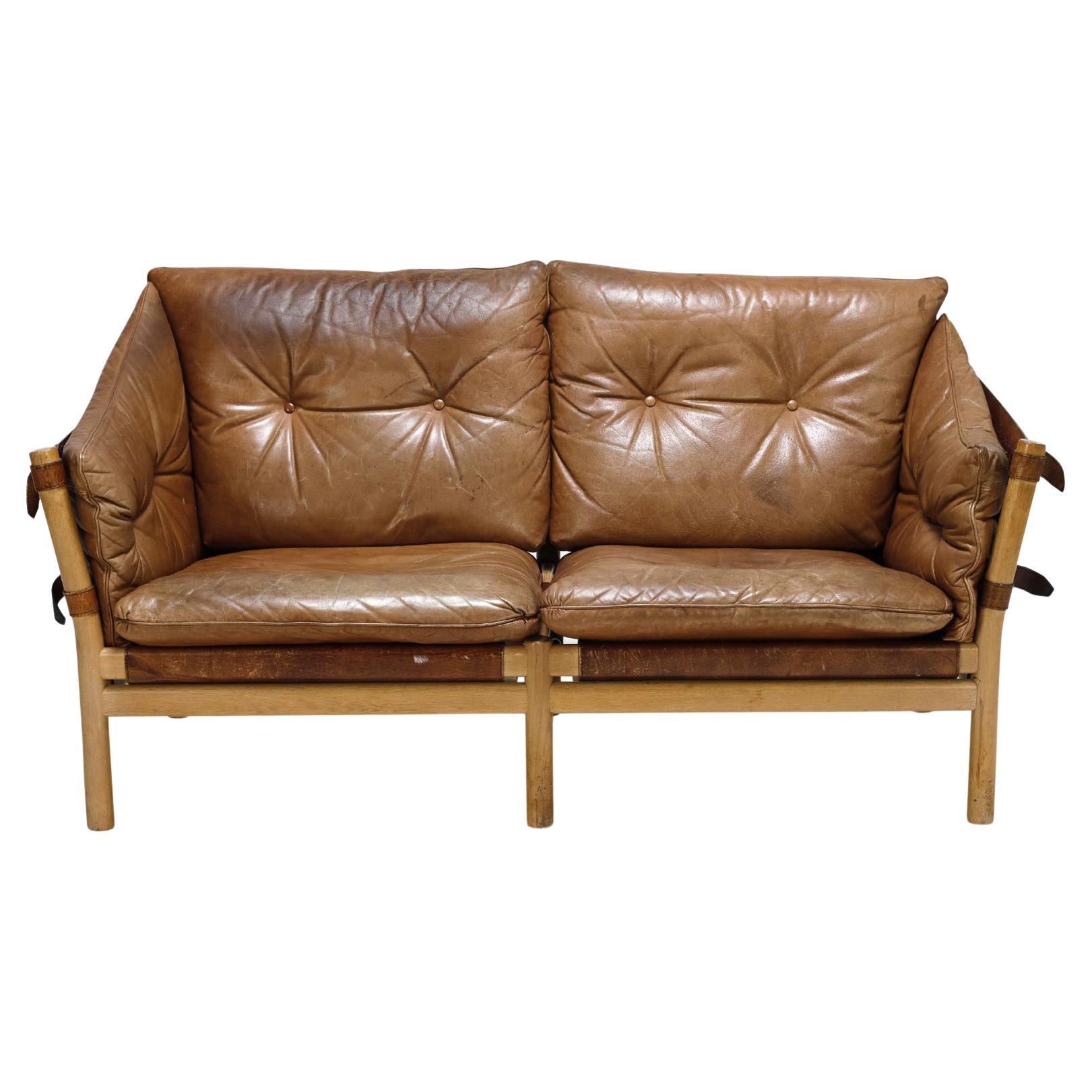 Arne Norell "Ilona" Loveseat in Oak + Patinated Leather