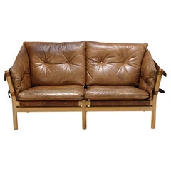Arne Norell "Ilona" Loveseat in Oak + Patinated Leather