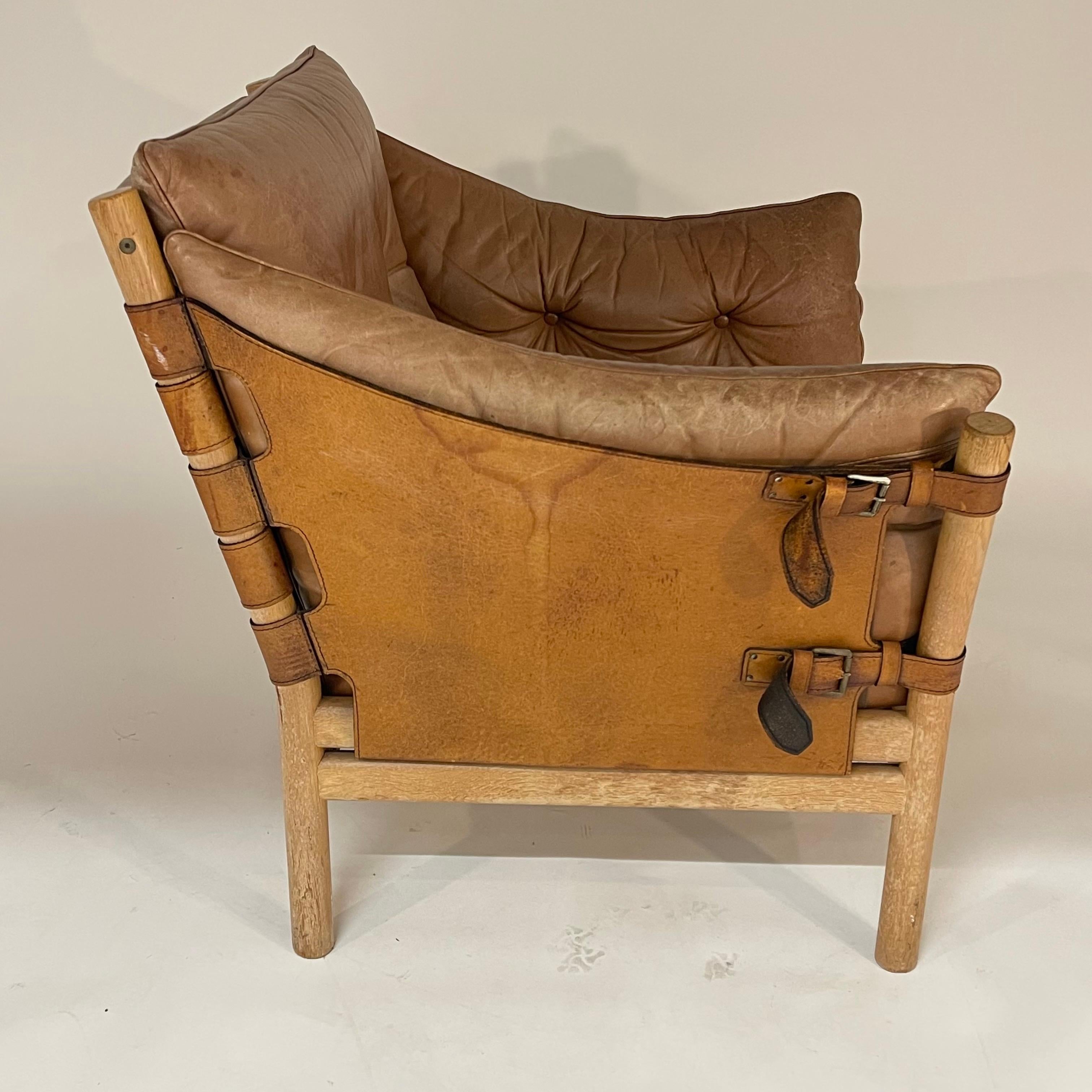 Scandinavian Modern Arne Norell Ilona Oak and Cognac Leather Campaign Safari Chair, Sweden, 1970s For Sale