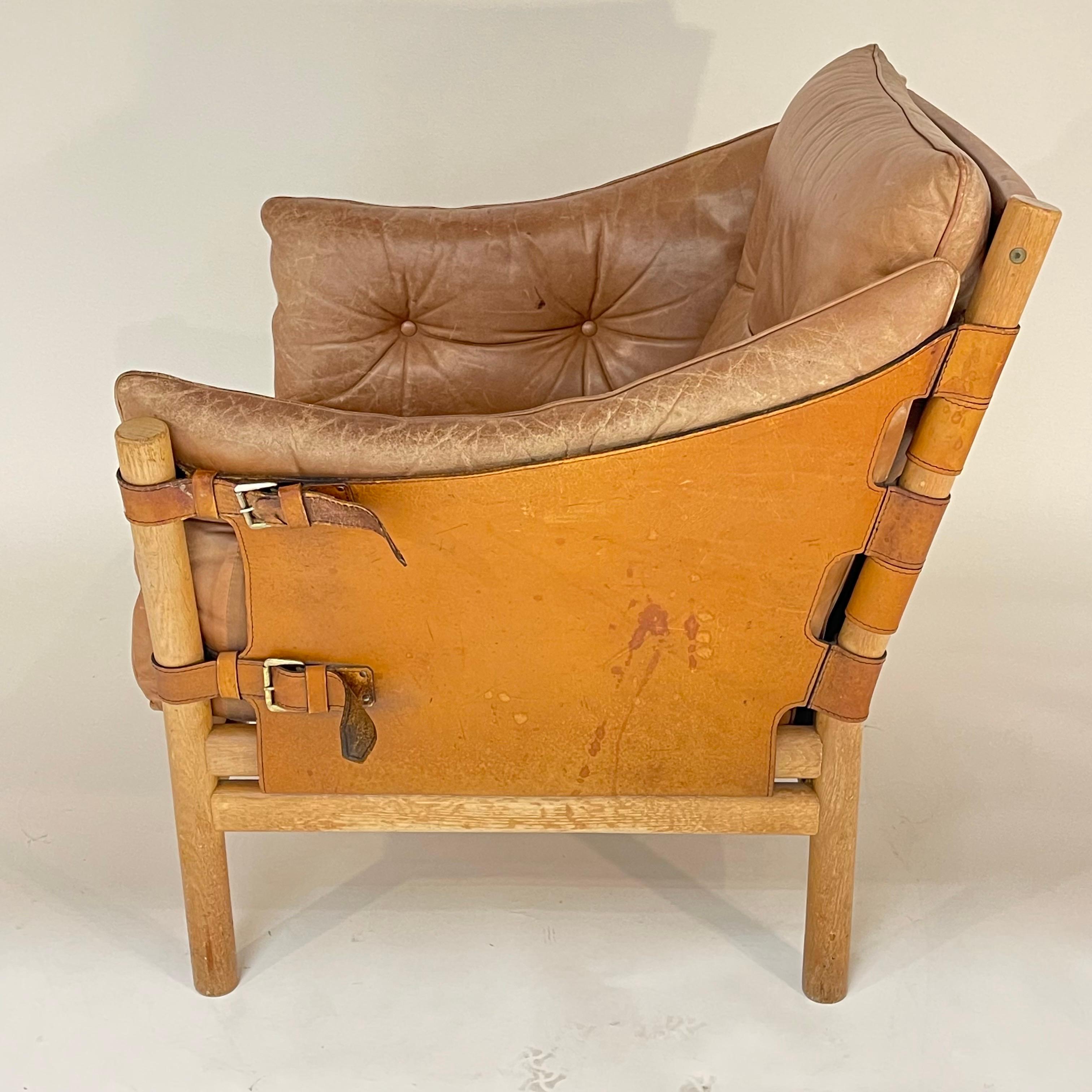 Arne Norell Ilona Kampagnen-Safari-Stuhl aus Eiche und cognacfarbenem Leder, Schweden, 1970er Jahre (Metall) im Angebot