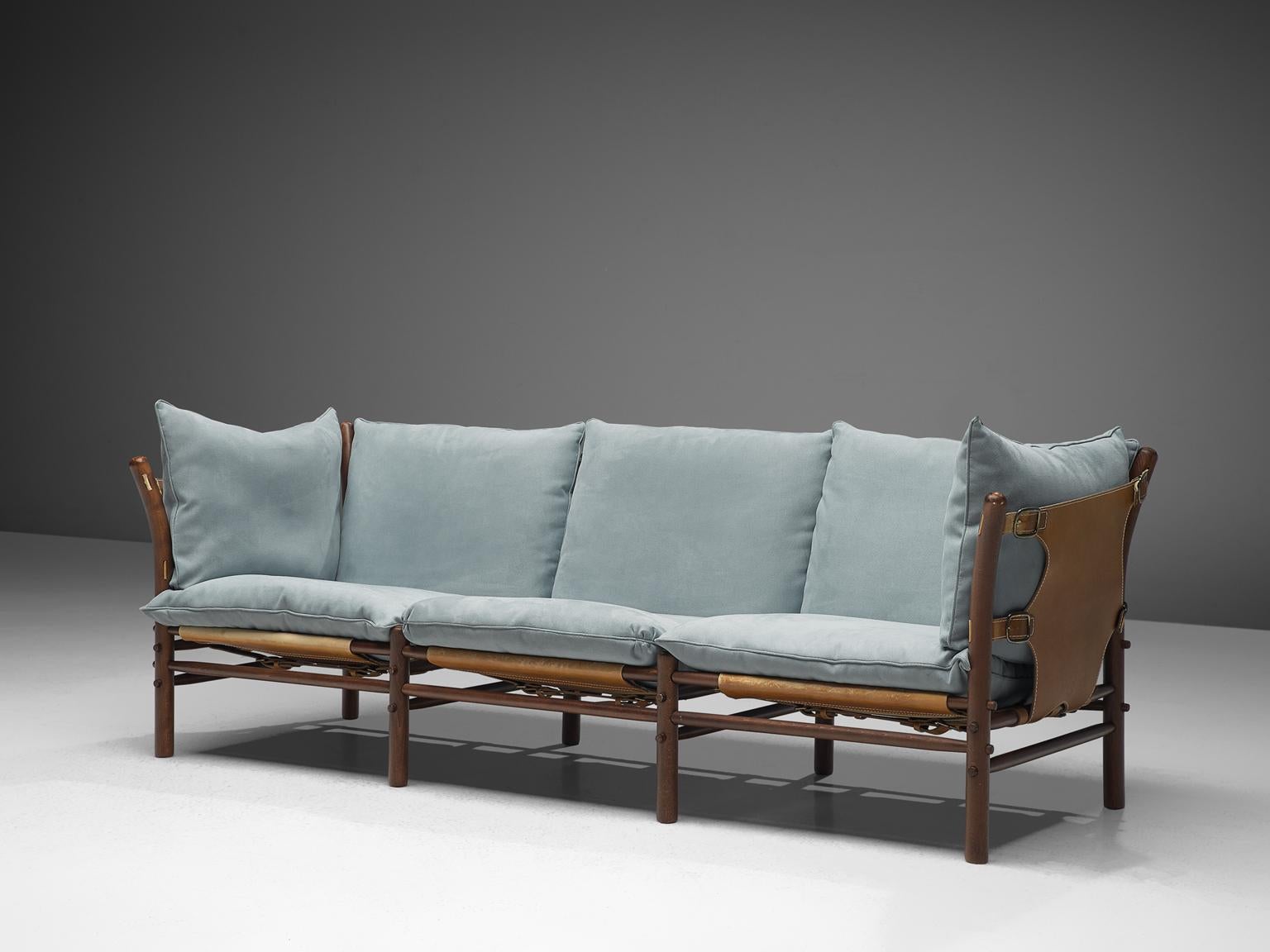 Arne Norell for Norell Möbel, three-seat 'Ilona' sofa, buffalo leather, fabric and beech, Sweden, 1970s.

Swedish three-seat sofa designed by Arne Norell in the 1970s. Beautiful thick buffalo leather is spanned to the beech frame to create the