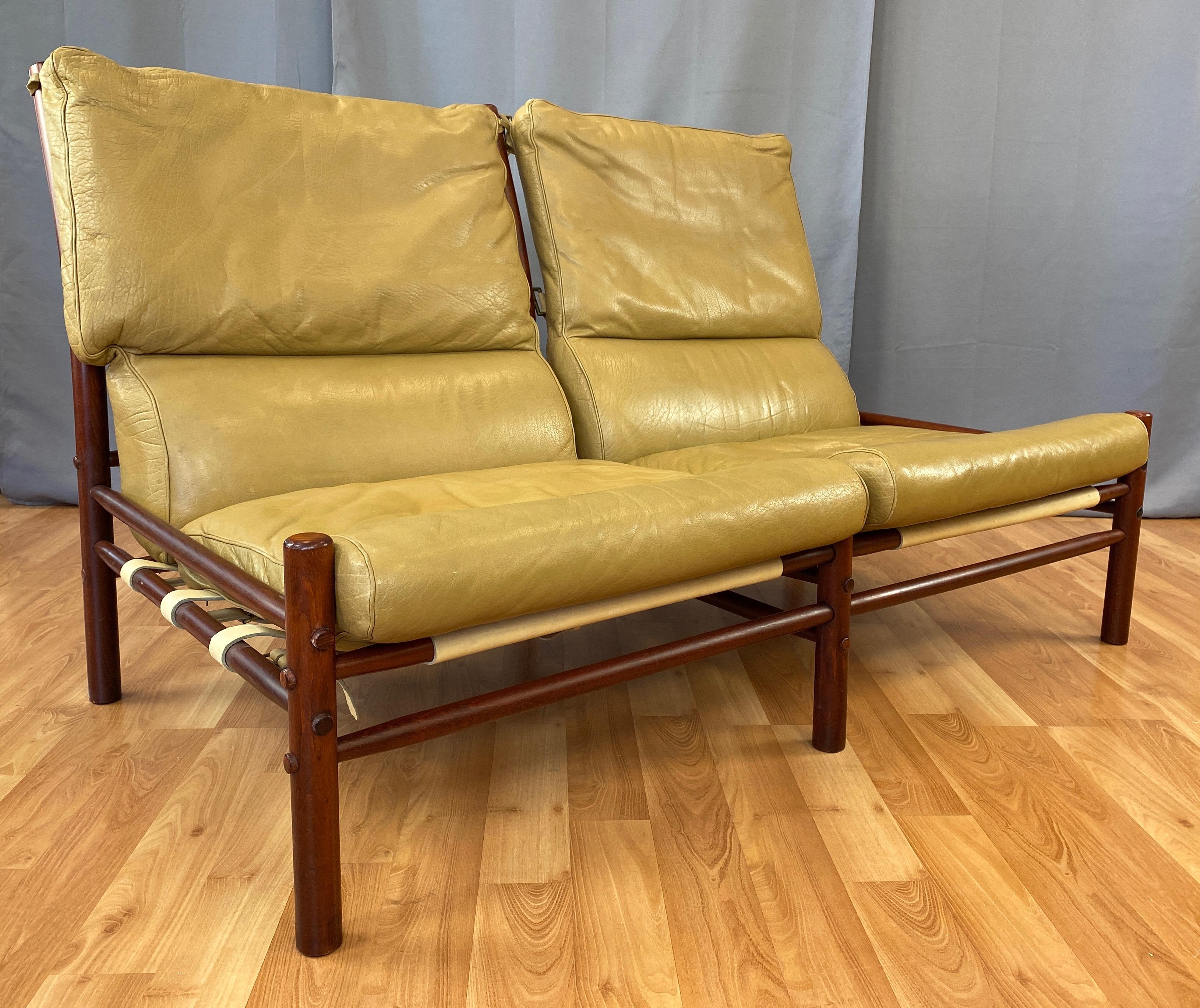 Swedish Arne Norell Inca Armless Settee in Teak-Colored Beech and Tan Leather, 1970s