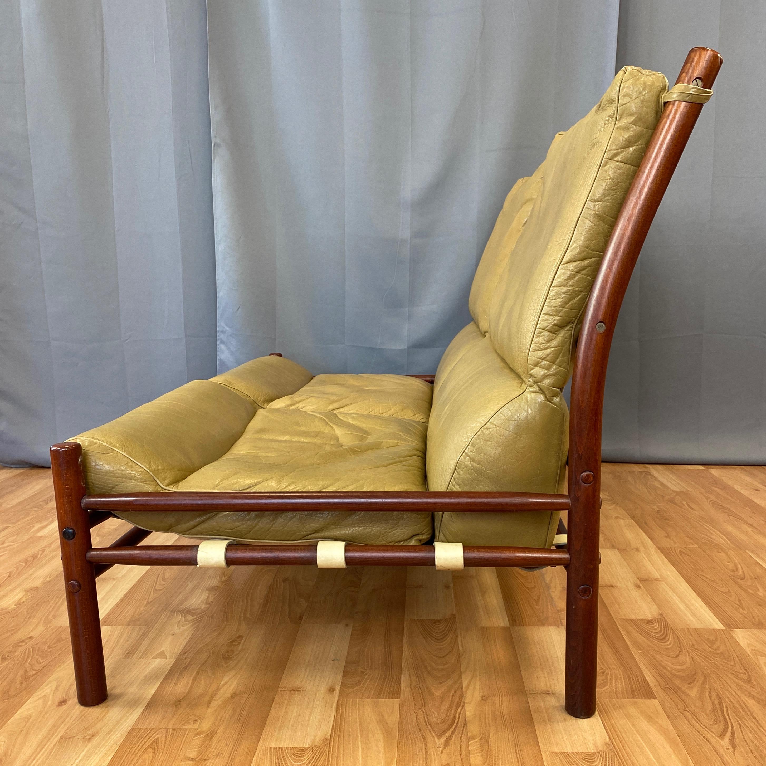 Brass Arne Norell Inca Armless Settee in Teak-Colored Beech and Tan Leather, 1970s