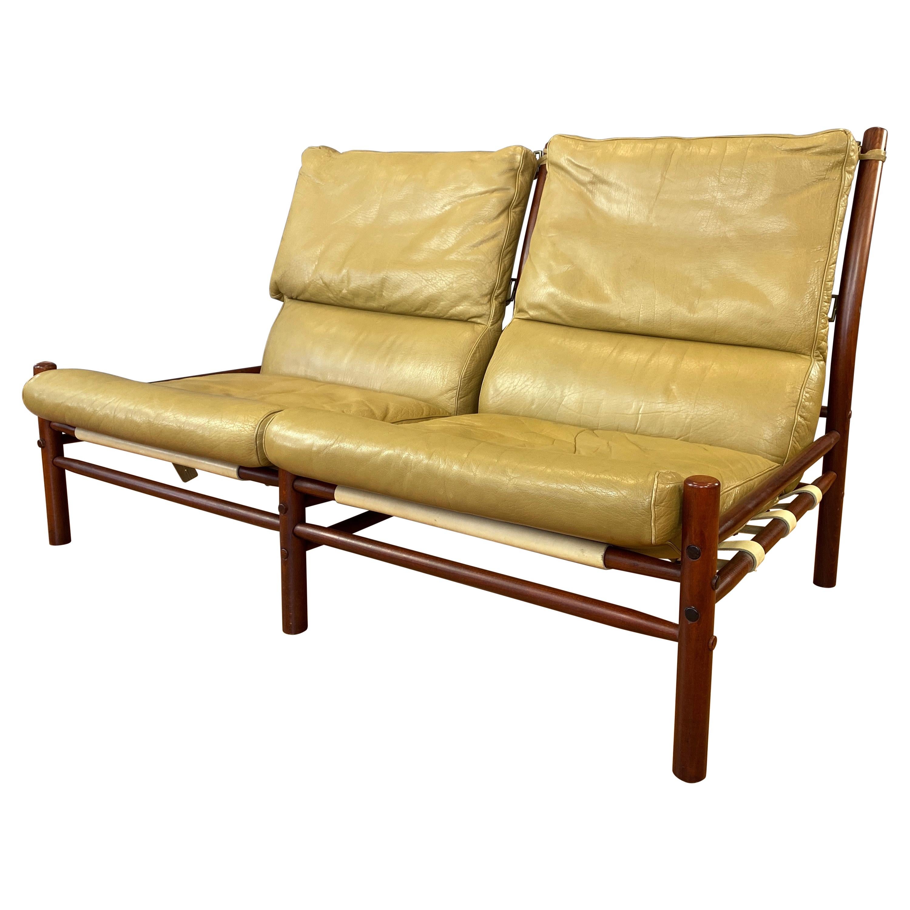 Arne Norell Inca Armless Settee in Teak-Colored Beech and Tan Leather, 1970s