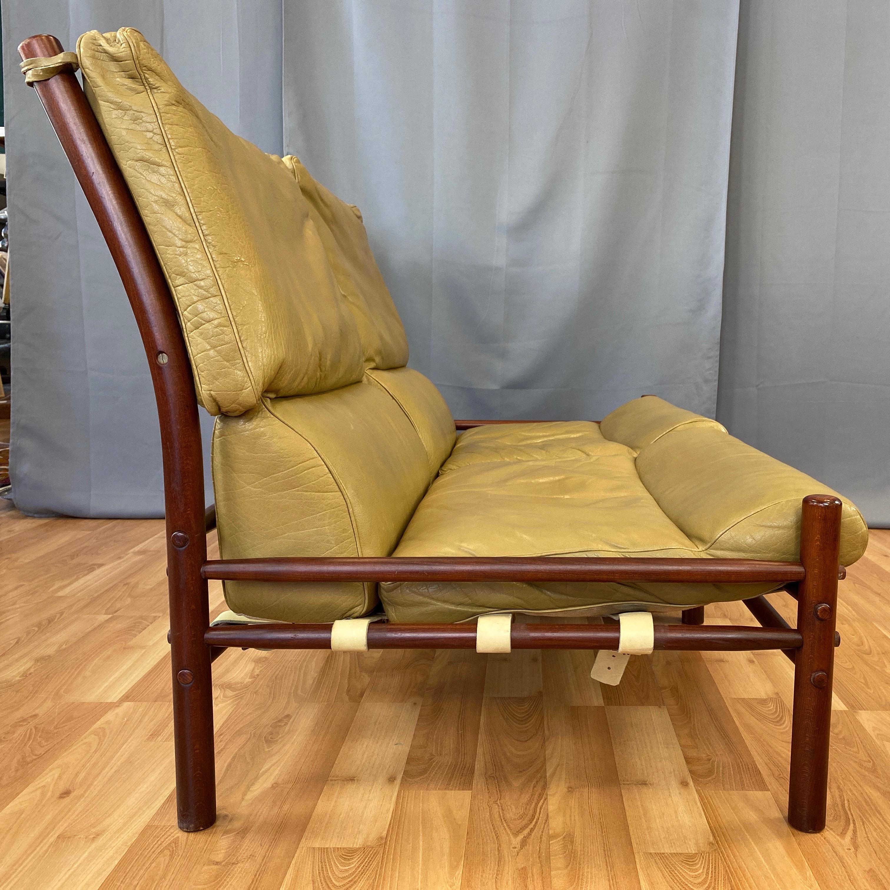 Stained Arne Norell Inca Armless Settee in Teak-Colored Beech and Tan Leather, 1970s