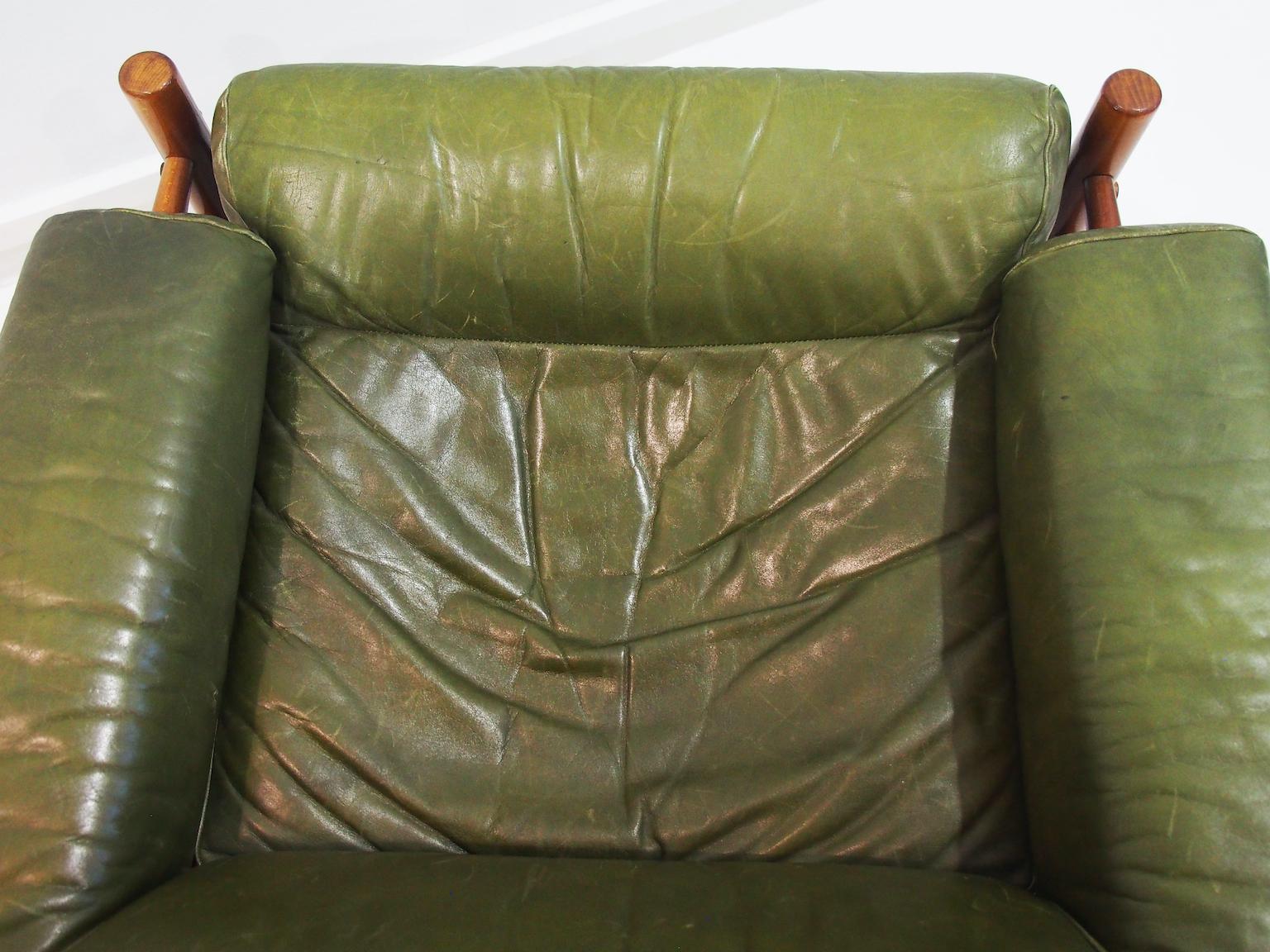 Arne Norell Inca Chair with Ottoman in Olive Green Leather 2