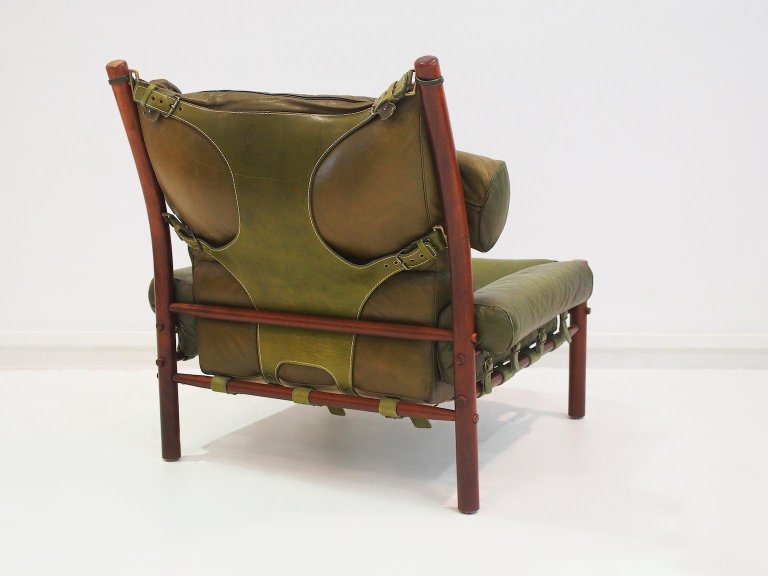 Arne Norell Inca Chair with Ottoman in Olive Green Leather 3