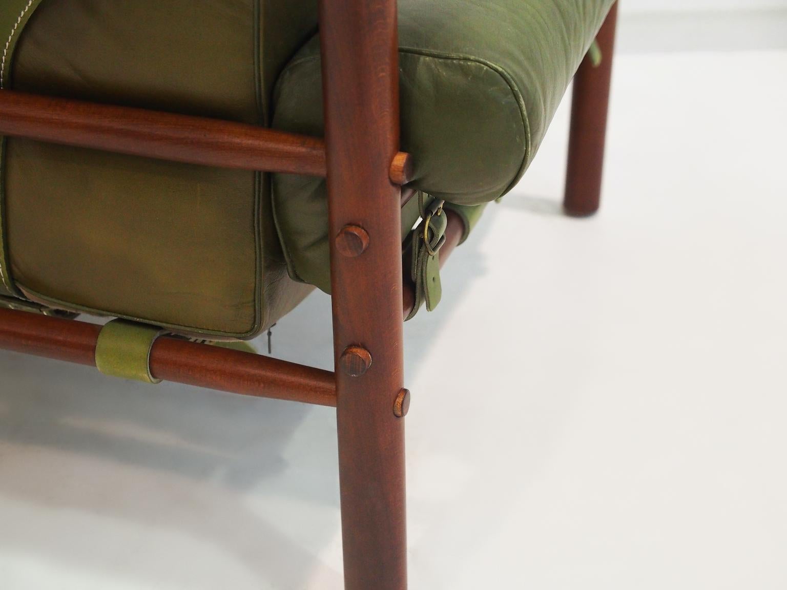 Arne Norell Inca Chair with Ottoman in Olive Green Leather 4