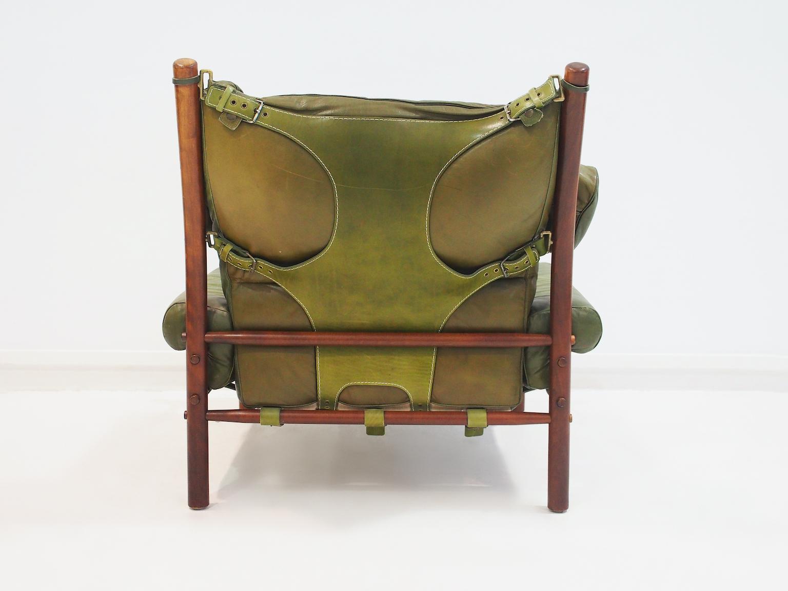 Arne Norell Inca Chair with Ottoman in Olive Green Leather 7