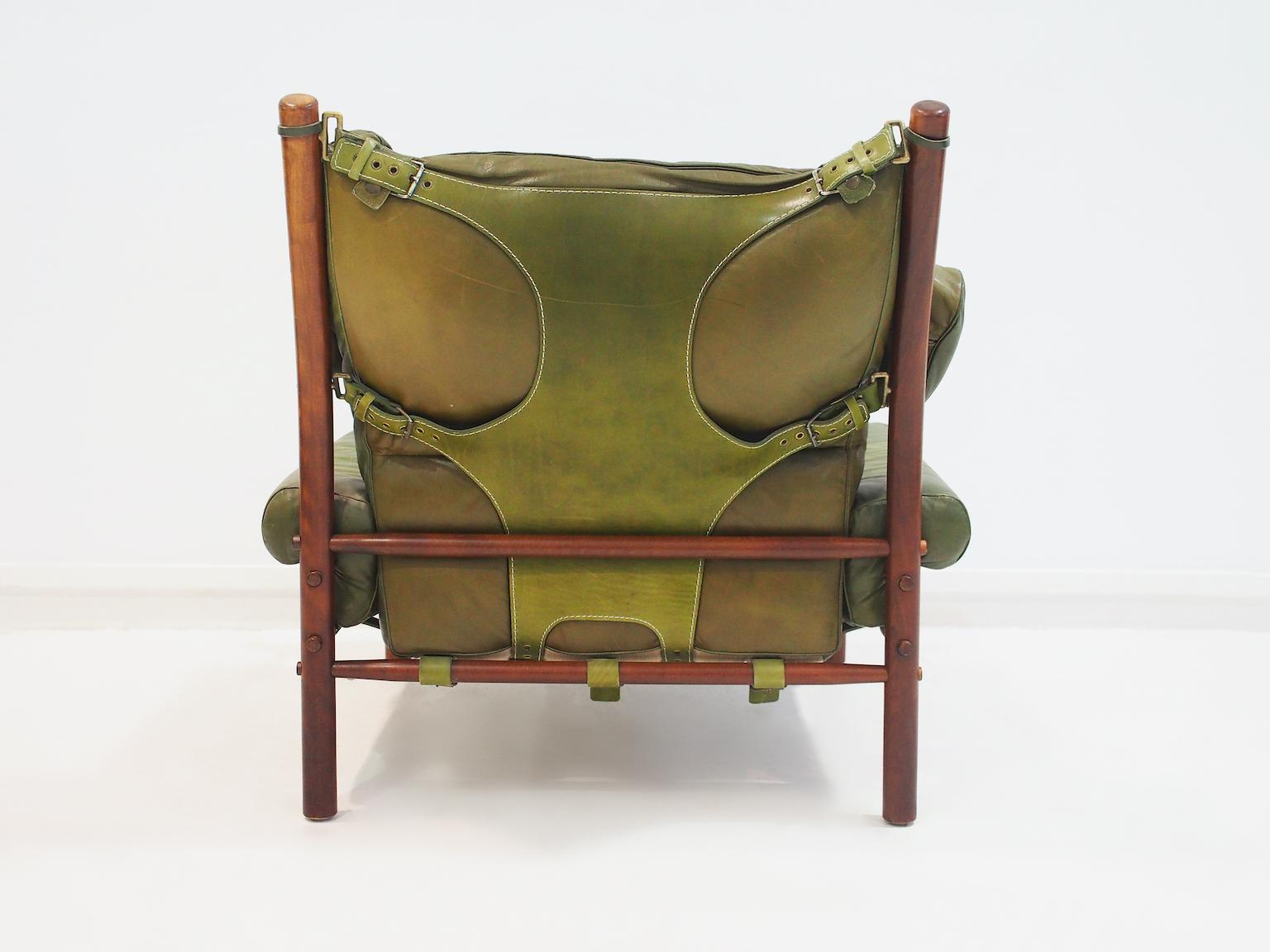 Arne Norell Inca Chair with Ottoman in Olive Green Leather 6