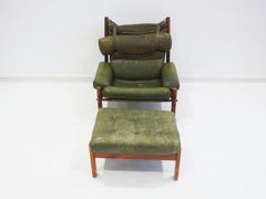 Arne Norell Inca Chair with Ottoman in Olive Green Leather