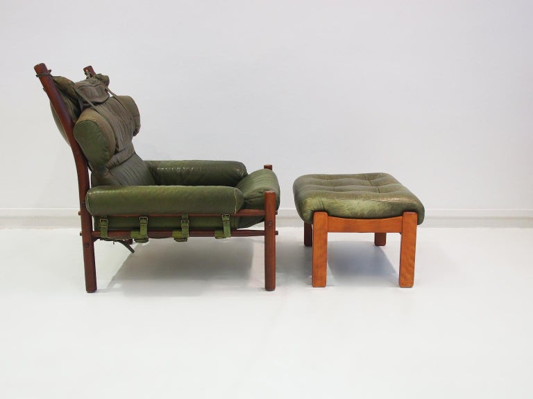 Arne Norell Inca Chair with Ottoman in Olive Green Leather For Sale at ...