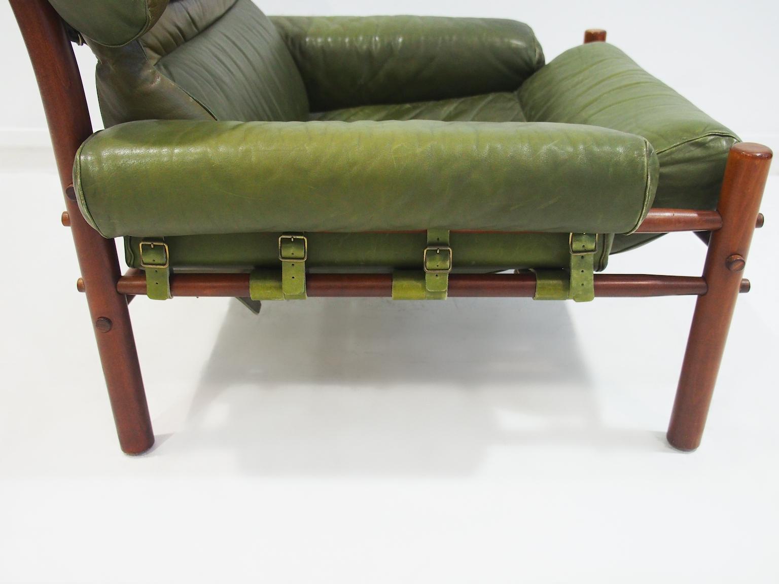 Arne Norell Inca Chair with Ottoman in Olive Green Leather 1