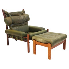 Arne Norell Inca Chair with Ottoman in Olive Green Leather