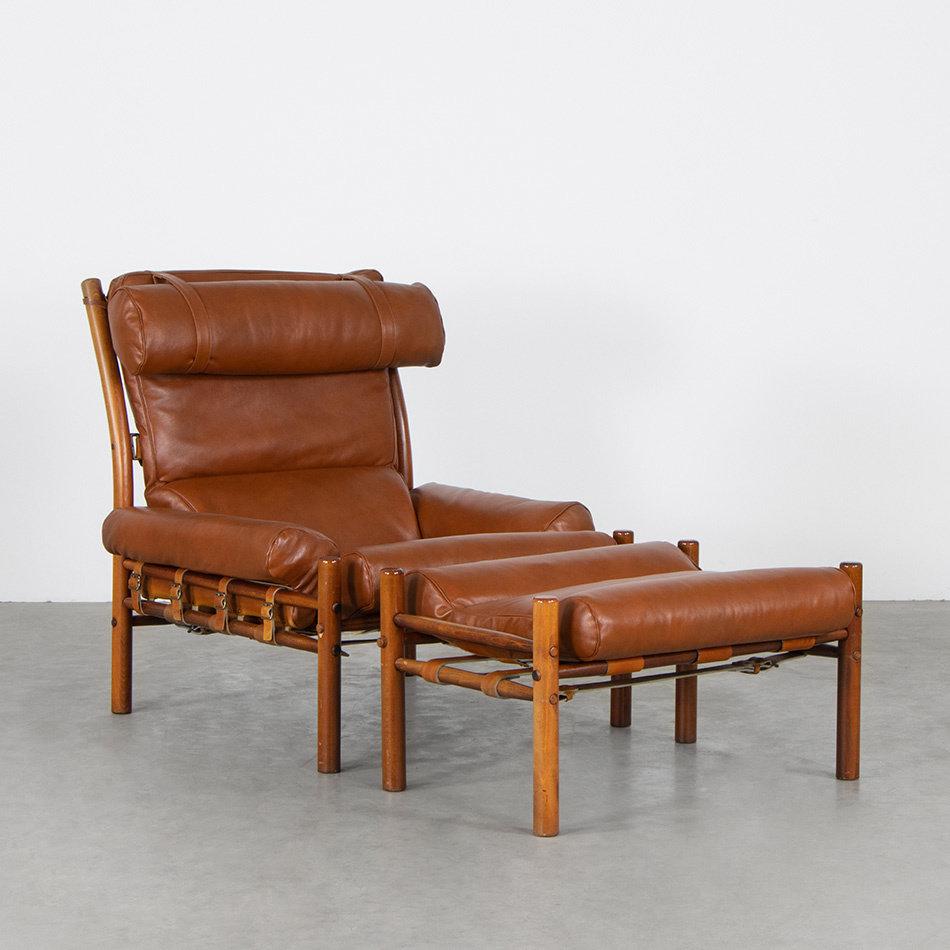 Late 20th Century Arne Norell Inca Lounge Chair and Ottoman in new brown Leather for Norell Möbel