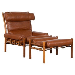 Arne Norell Inca Lounge Chair and Ottoman in new brown Leather for Norell Möbel