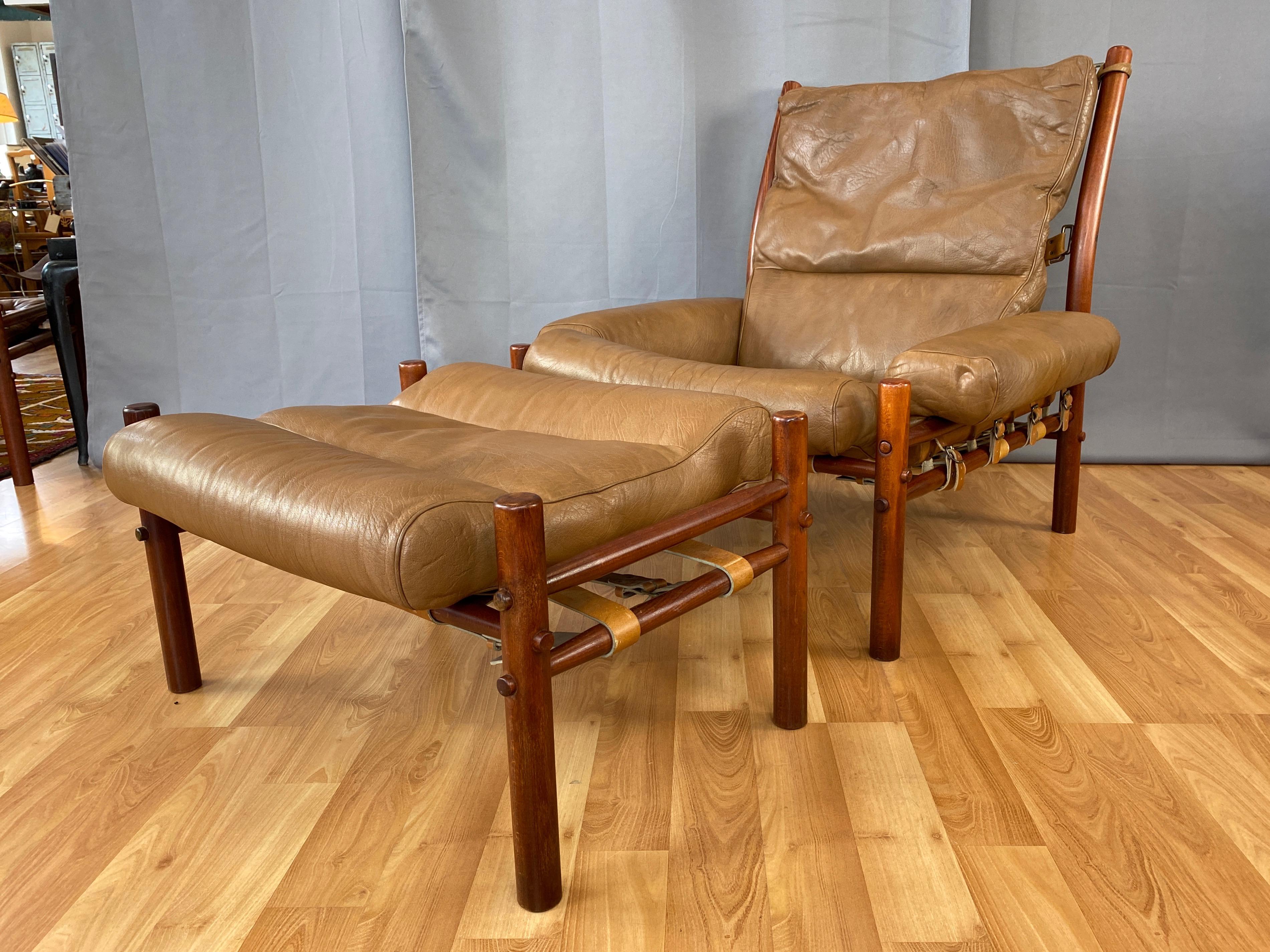 Scandinavian Modern Arne Norell Inca Lounge Chair & Ottoman in Teak-Colored Beech and Leather, 1970s