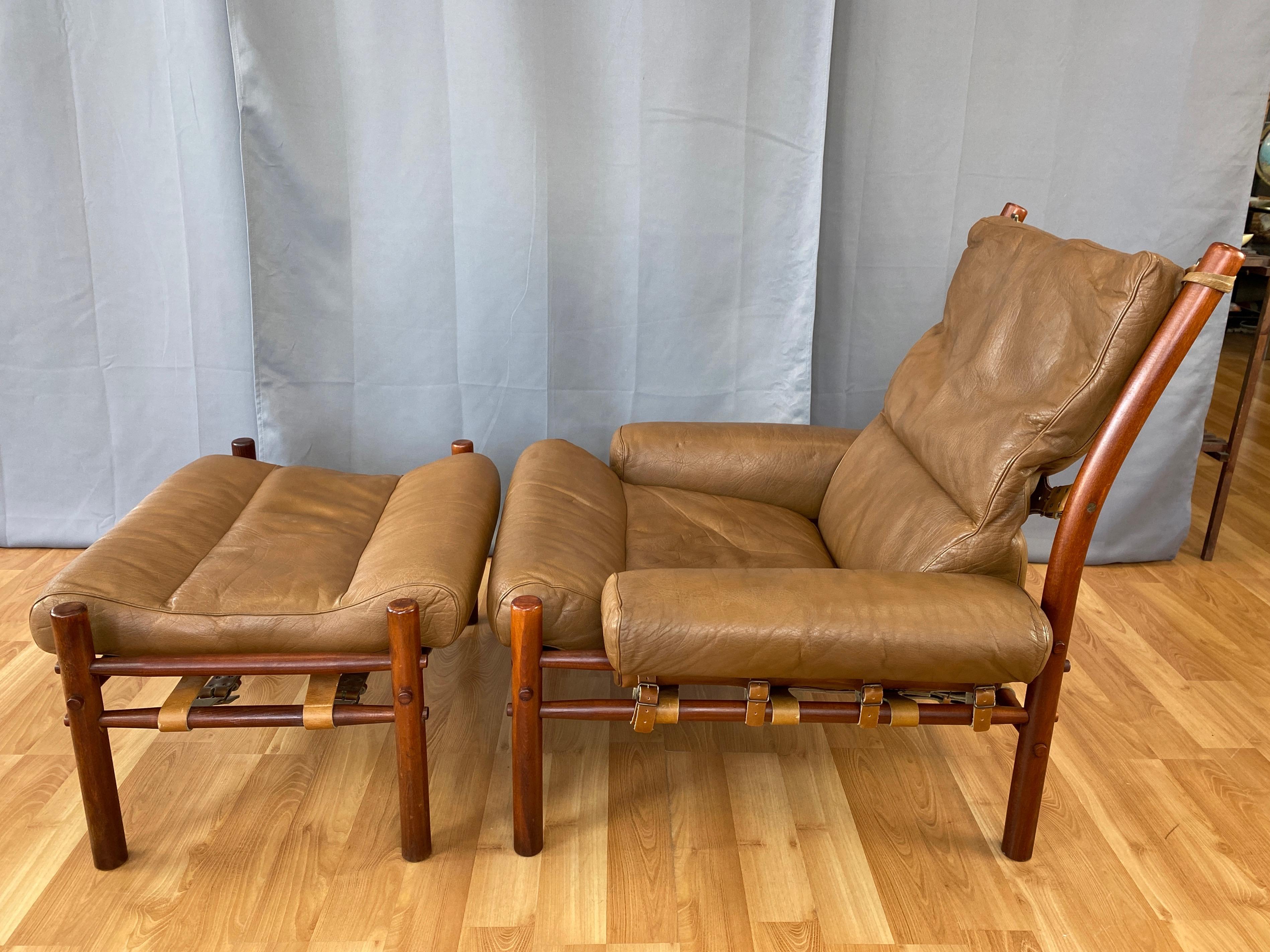 Swedish Arne Norell Inca Lounge Chair & Ottoman in Teak-Colored Beech and Leather, 1970s