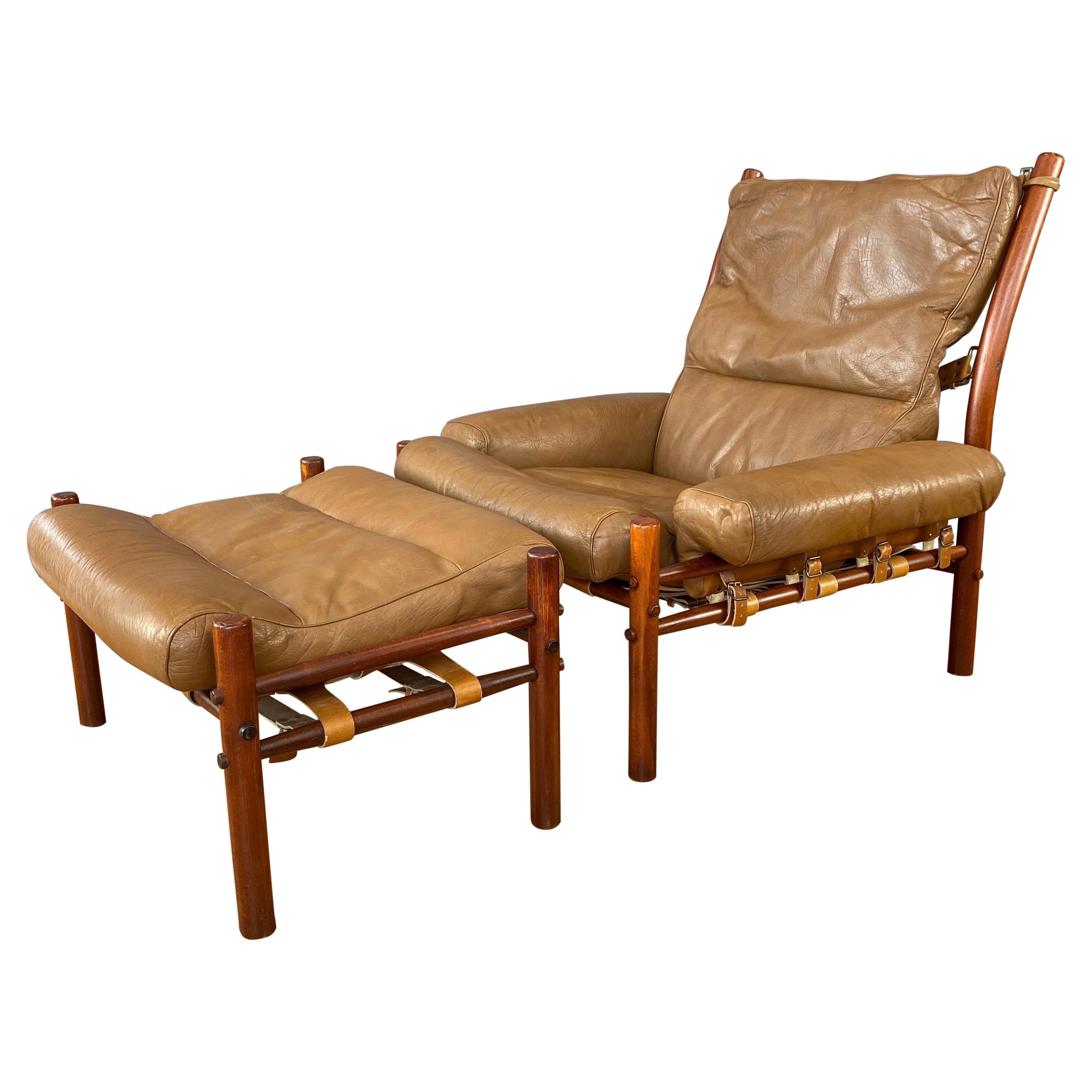 Arne Norell Inca Lounge Chair & Ottoman in Teak-Colored Beech and Leather, 1970s