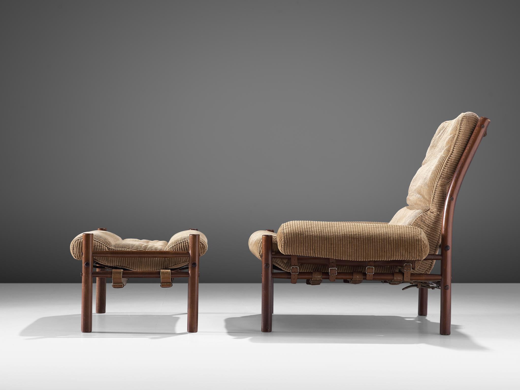 Scandinavian Modern Arne Norell 'Inca' Lounge Chair with Ottoman in Corduroy