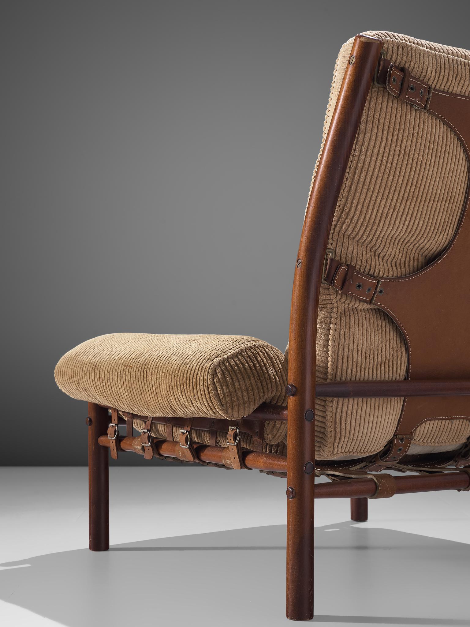 Leather Arne Norell 'Inca' Lounge Chair with Ottoman in Corduroy