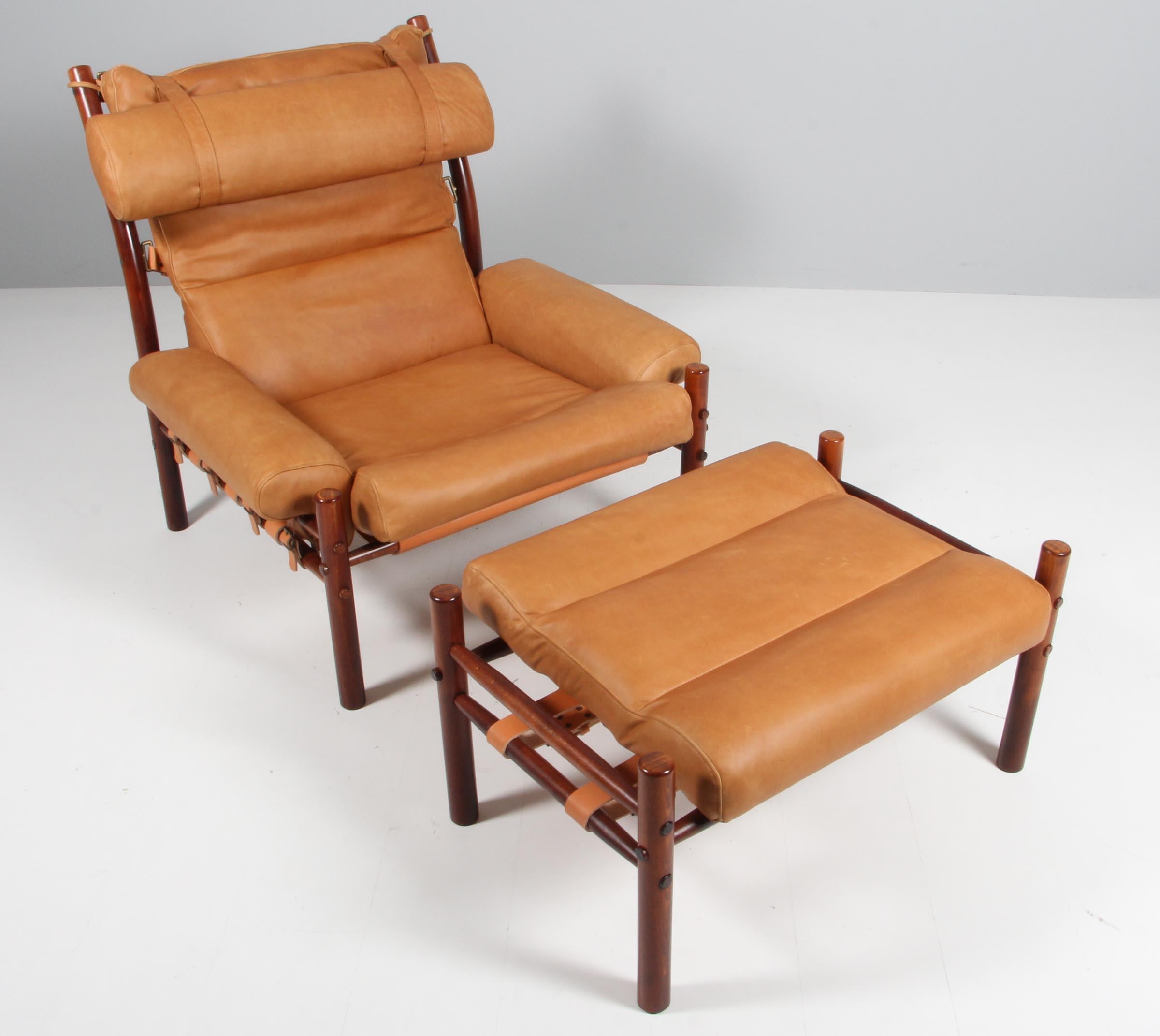 Arne Norell, 'Inca' lounge chair with ottoman, leather, beech, Sweden, 1965.

The iconic 'Inca' lounge chair with ottoman in new upholstered tan aniline leather, designed by Arne Norell. The back features thick buffalo leather. The light cognac