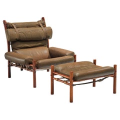Arne Norell 'Inca' Lounge Chair with Ottoman in Olive Green Leather 