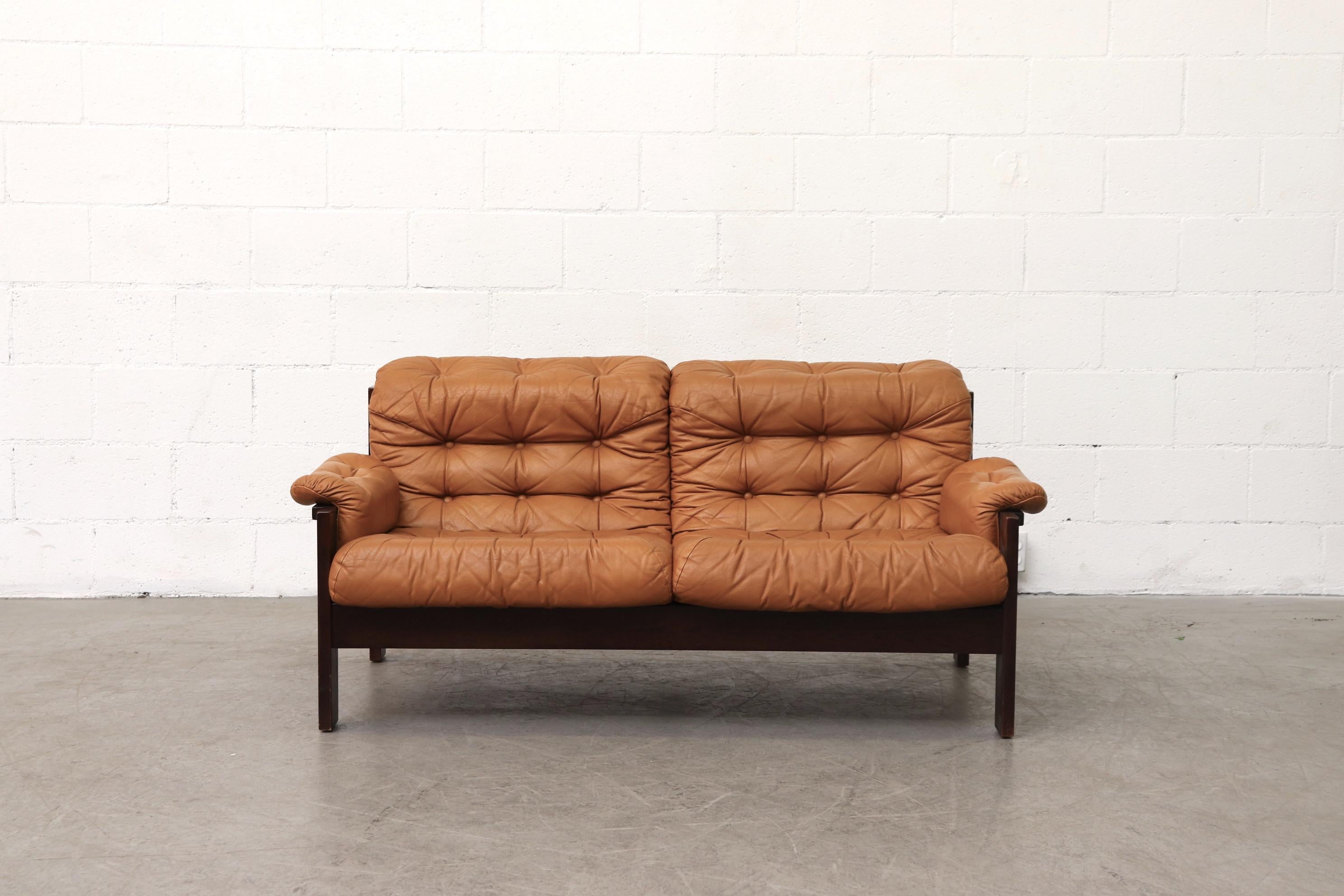 Mid-Century Modern Arne Norell Inspired Butterscotch Tufted Leather Loveseat for Illums Bolighus