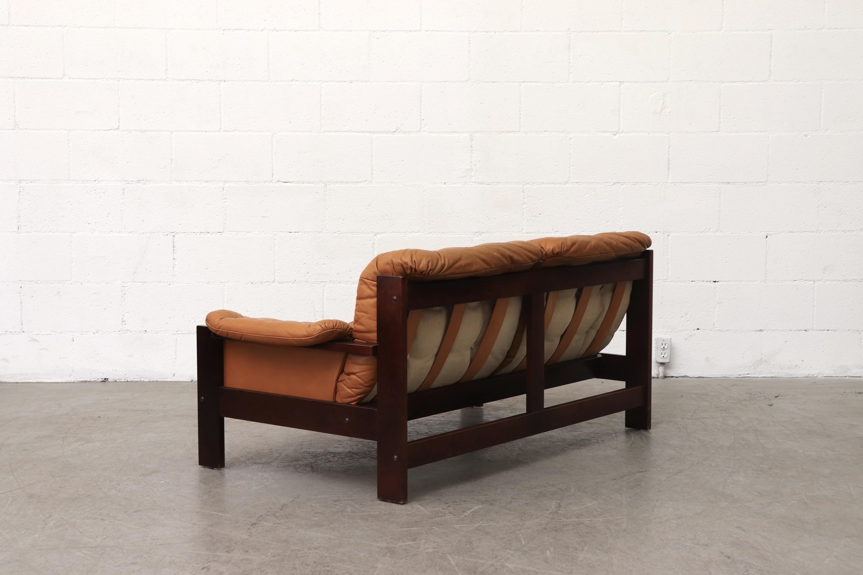 Arne Norell Inspired Butterscotch Tufted Leather Loveseat for Illums Bolighus In Good Condition In Los Angeles, CA