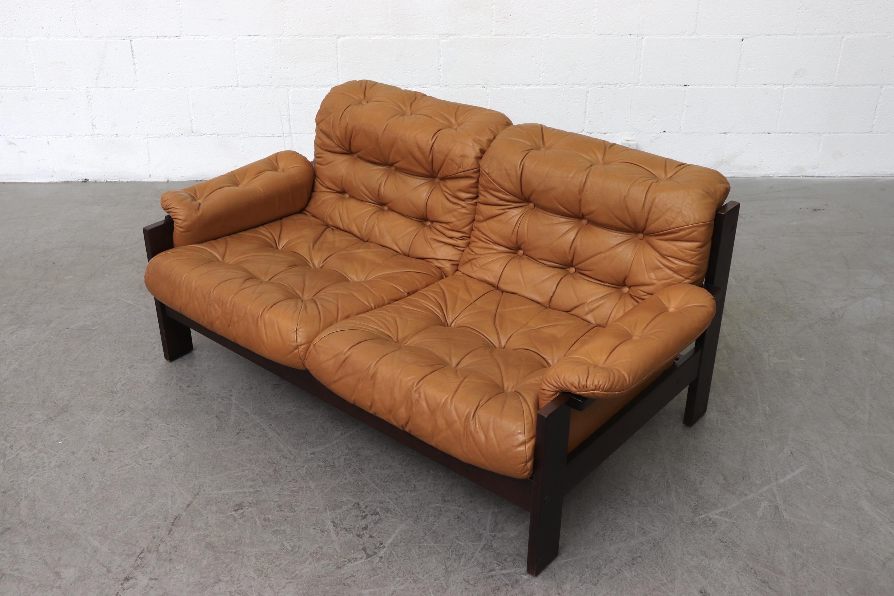 Arne Norell Inspired Butterscotch Tufted Leather Loveseat for Illums Bolighus 1