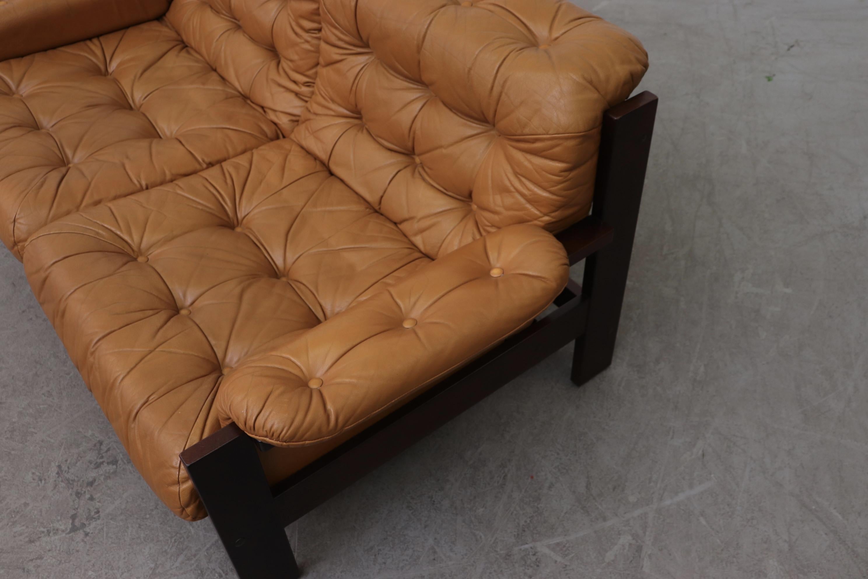 Arne Norell Inspired Butterscotch Tufted Leather Loveseat for Illums Bolighus 3