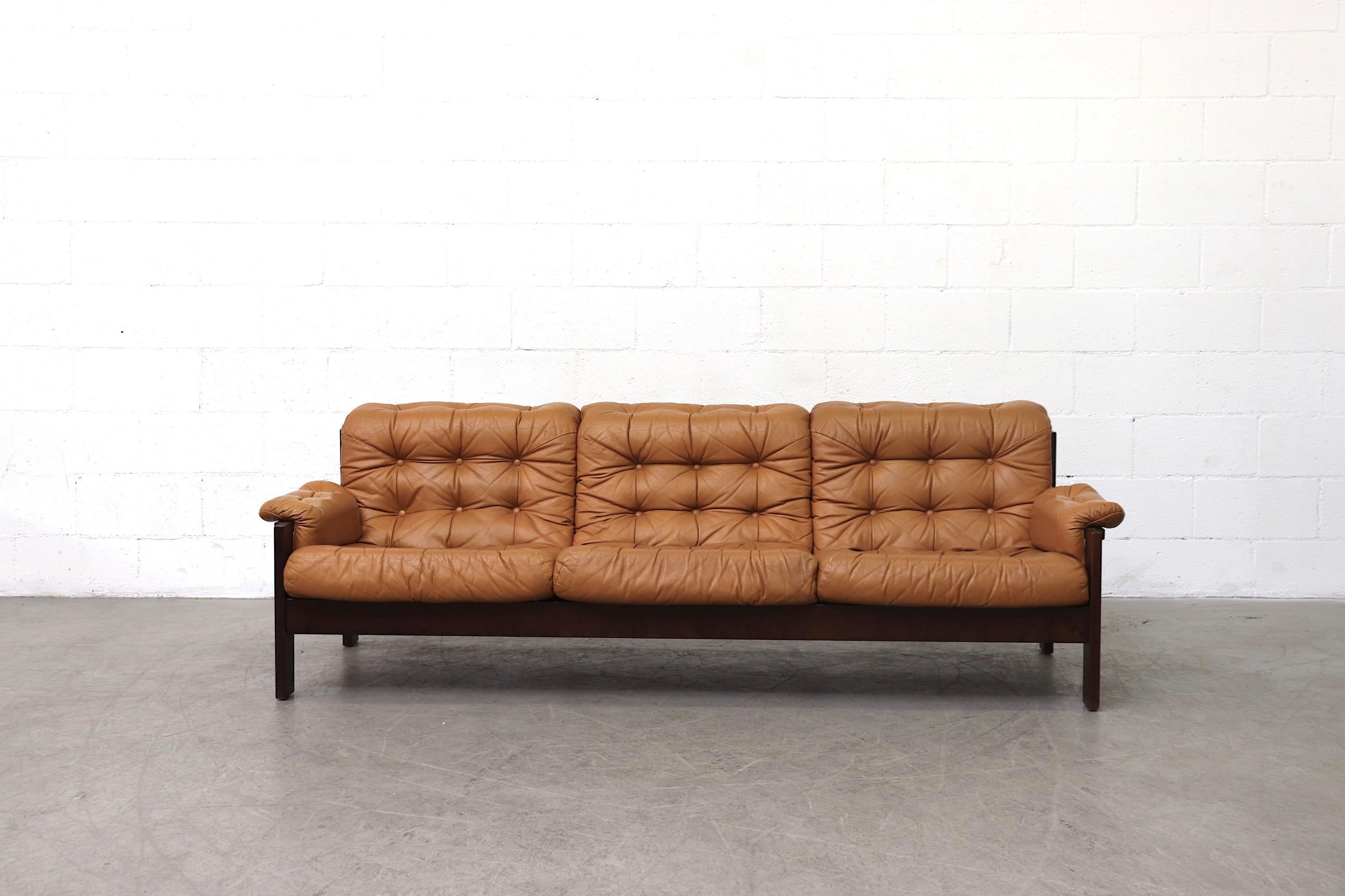 Mid-Century Modern Arne Norell Inspired Butterscotch Tufted Leather Sofa for llums Bolighus
